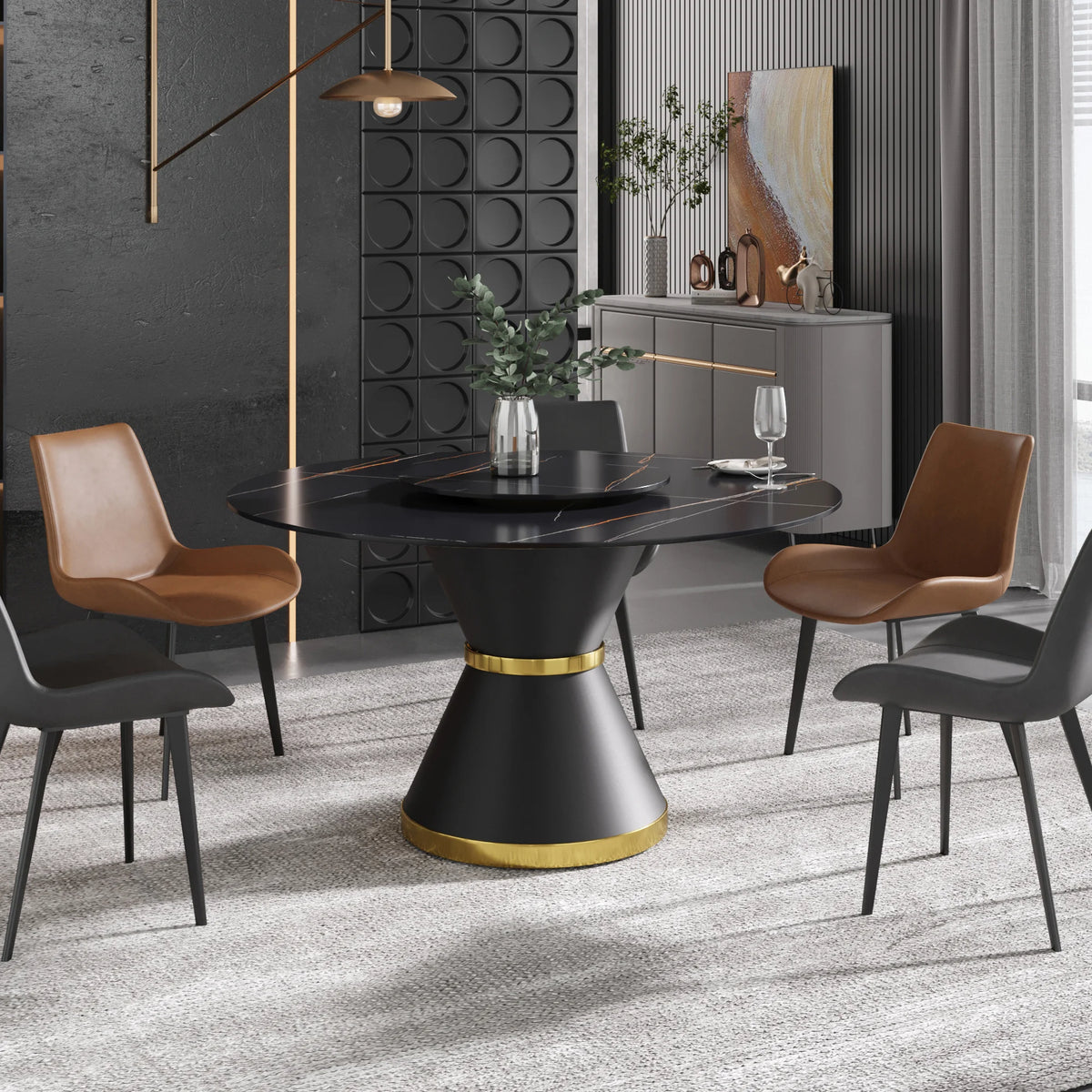 Mesa de comedor Marbella de piedra sinterizada | Redonda de 135 cm (53") en negro mate con base de metal y bandeja giratoria