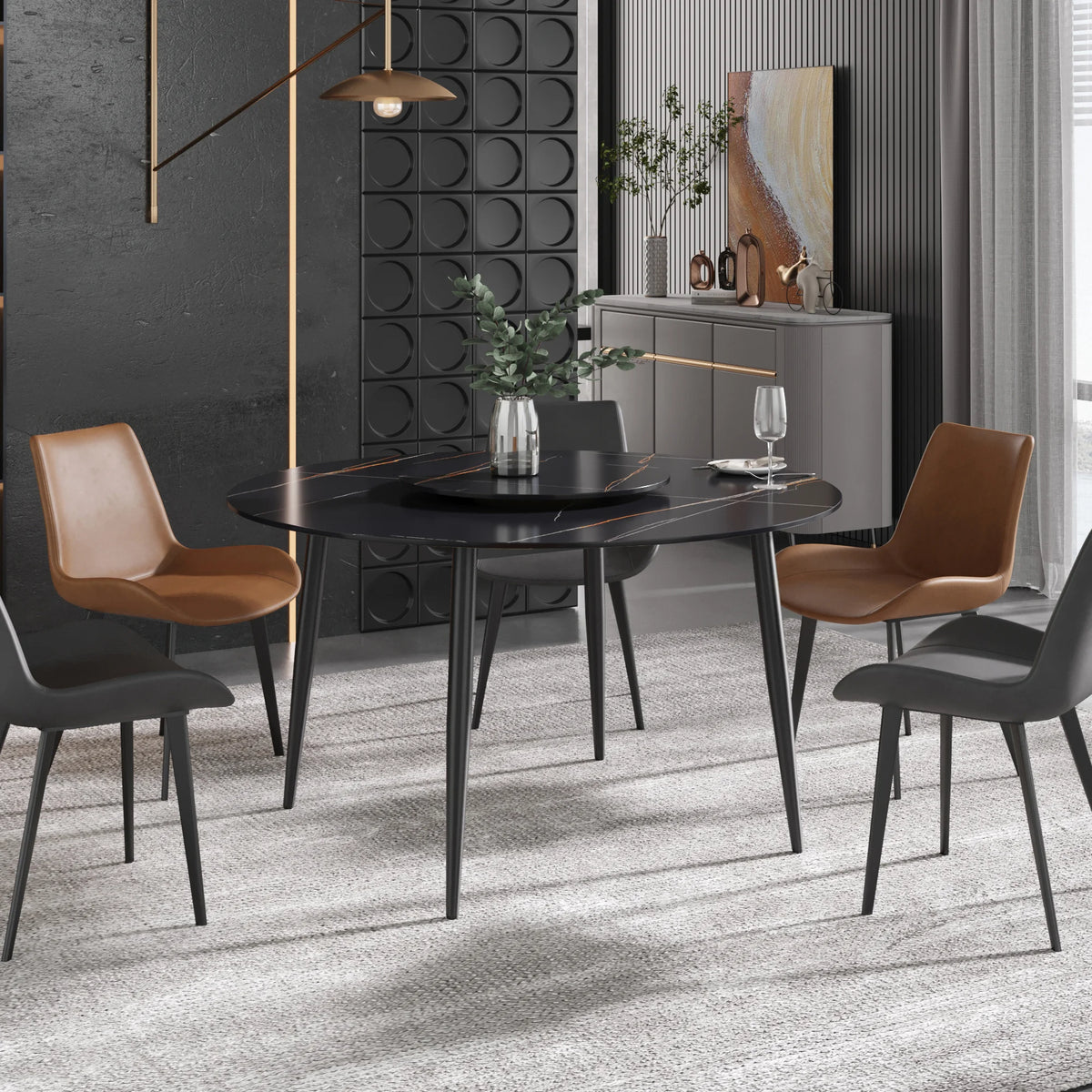 Marbella Sintered Stone Dining Table | 53" Matte Black Round With Metal Base & Lazy Susan