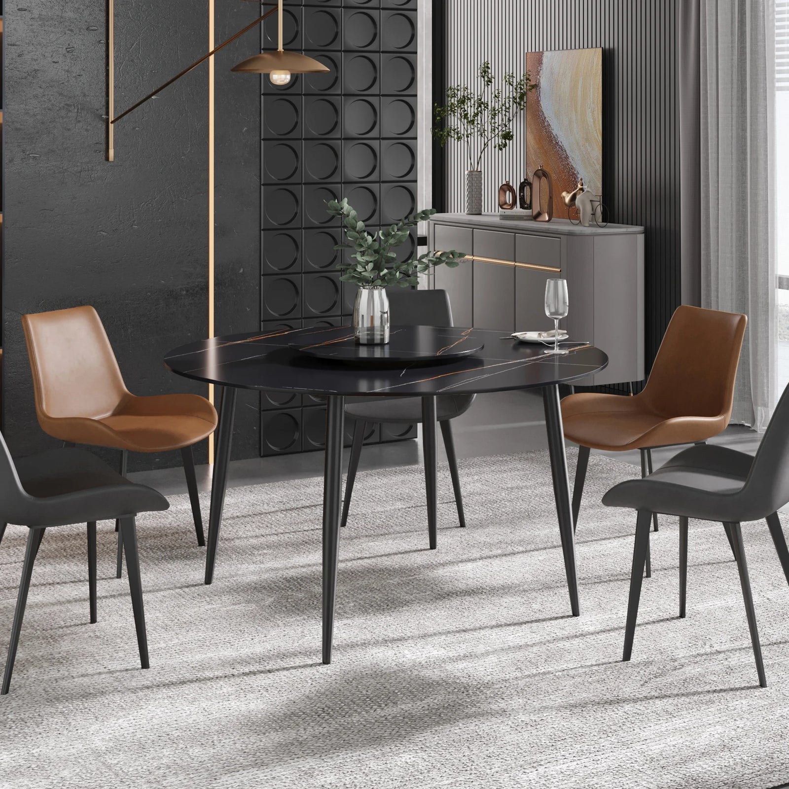 Mesa de comedor Marbella de piedra sinterizada | Redonda de 135 cm (53") en negro mate con base de metal y bandeja giratoria