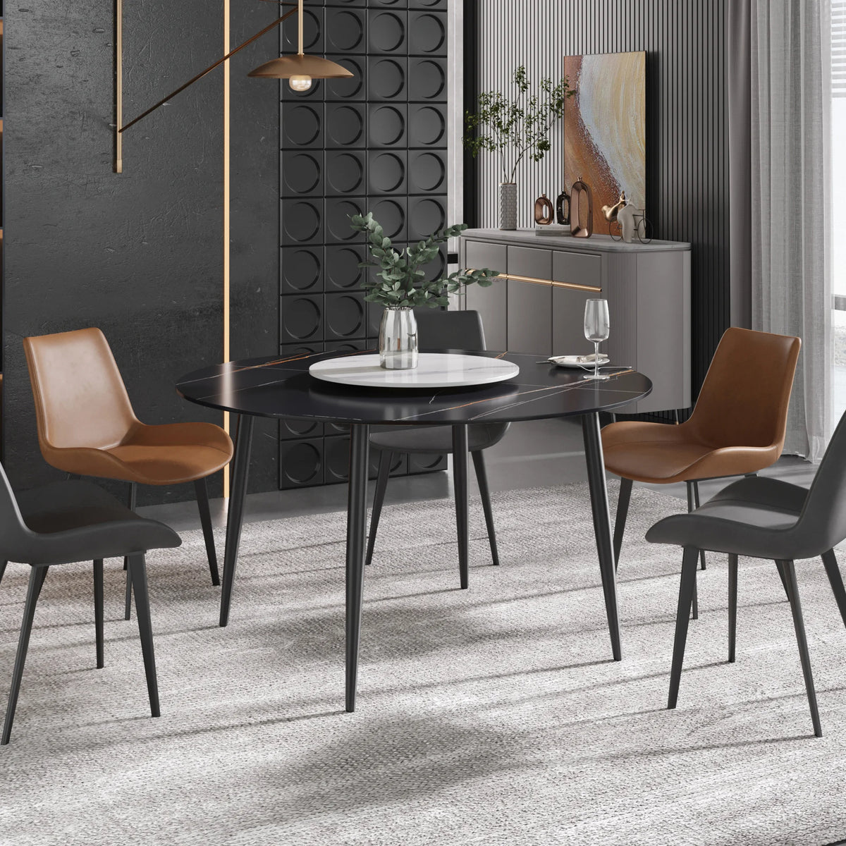 Mesa de comedor Marbella de piedra sinterizada | Redonda de 135 cm (53") en negro mate con base de metal y bandeja giratoria