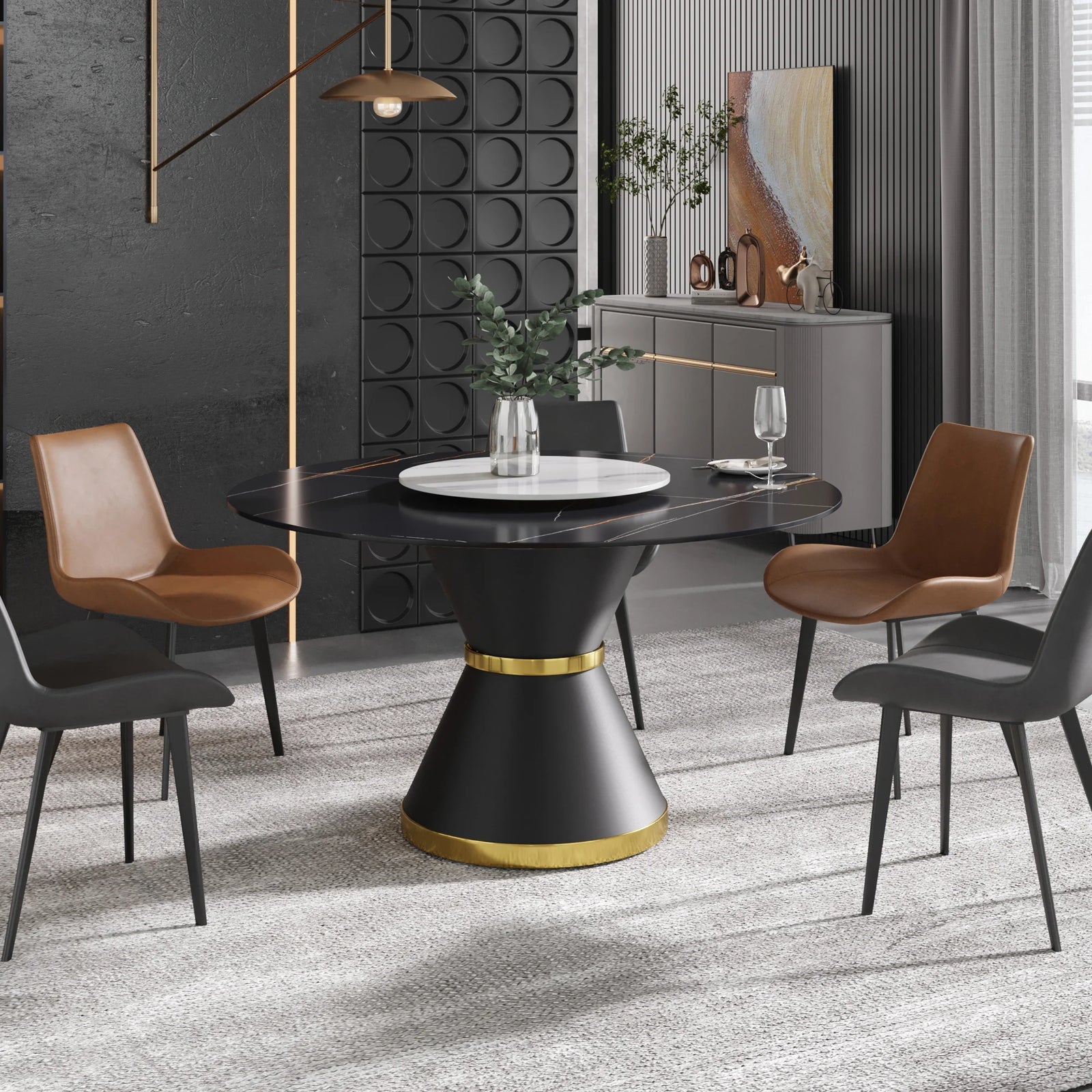Mesa de comedor Marbella de piedra sinterizada | Redonda de 135 cm (53") en negro mate con base de metal y bandeja giratoria