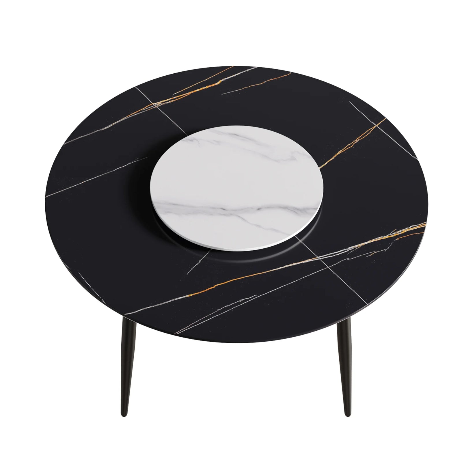 Mesa de comedor Marbella de piedra sinterizada | Redonda de 135 cm (53") en negro mate con base de metal y bandeja giratoria