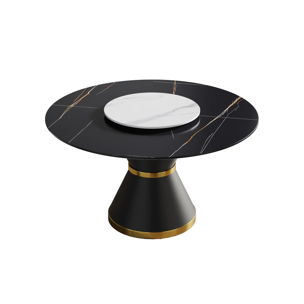 Mesa de comedor Marbella de piedra sinterizada | Redonda de 135 cm (53") en negro mate con base de metal y bandeja giratoria