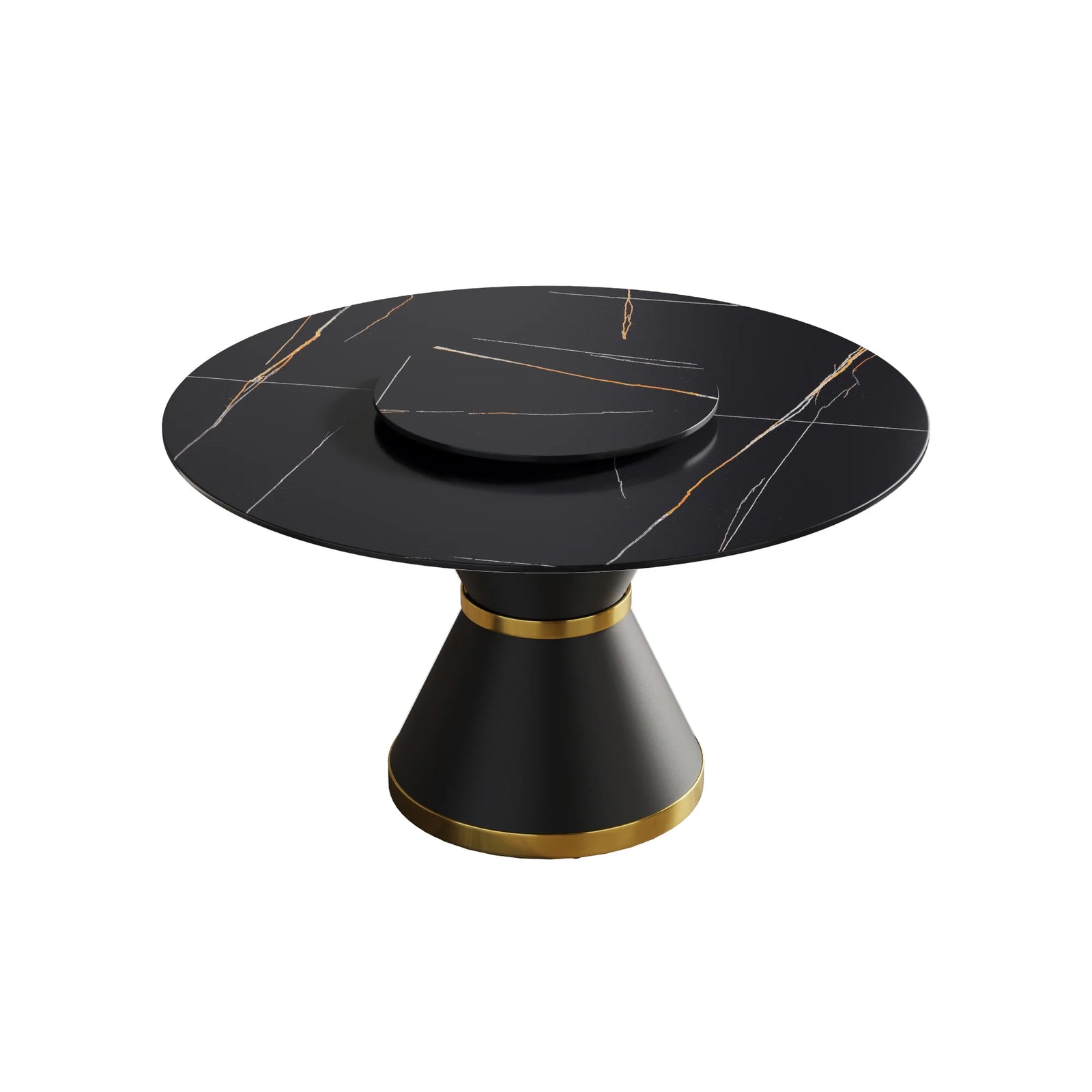 Mesa de comedor Marbella de piedra sinterizada | Redonda de 135 cm (53") en negro mate con base de metal y bandeja giratoria