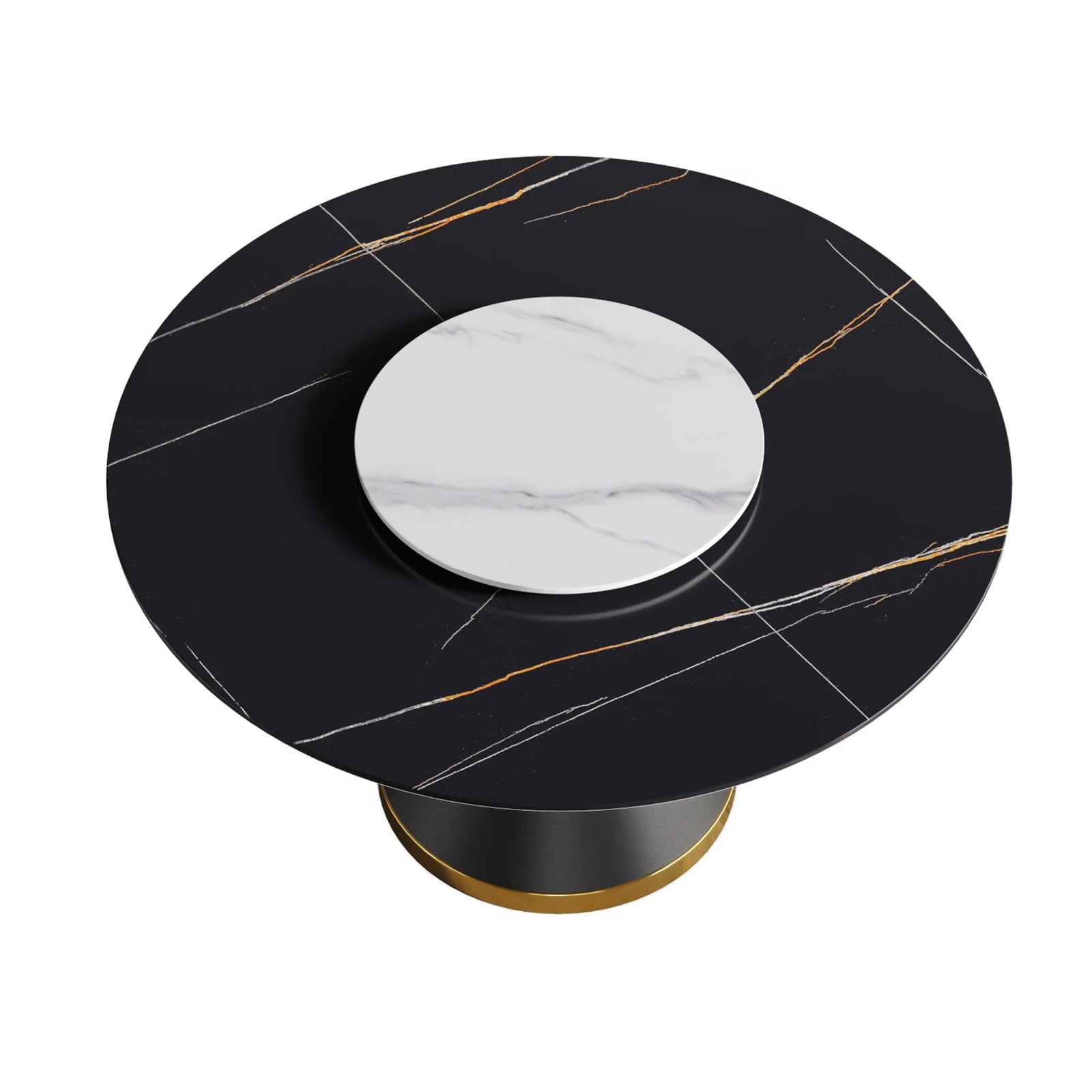 Mesa de comedor Marbella de piedra sinterizada | Redonda de 135 cm (53") en negro mate con base de metal y bandeja giratoria