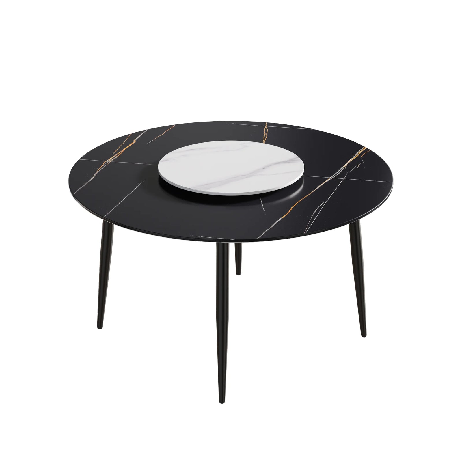 Mesa de comedor Marbella de piedra sinterizada | Redonda de 135 cm (53") en negro mate con base de metal y bandeja giratoria