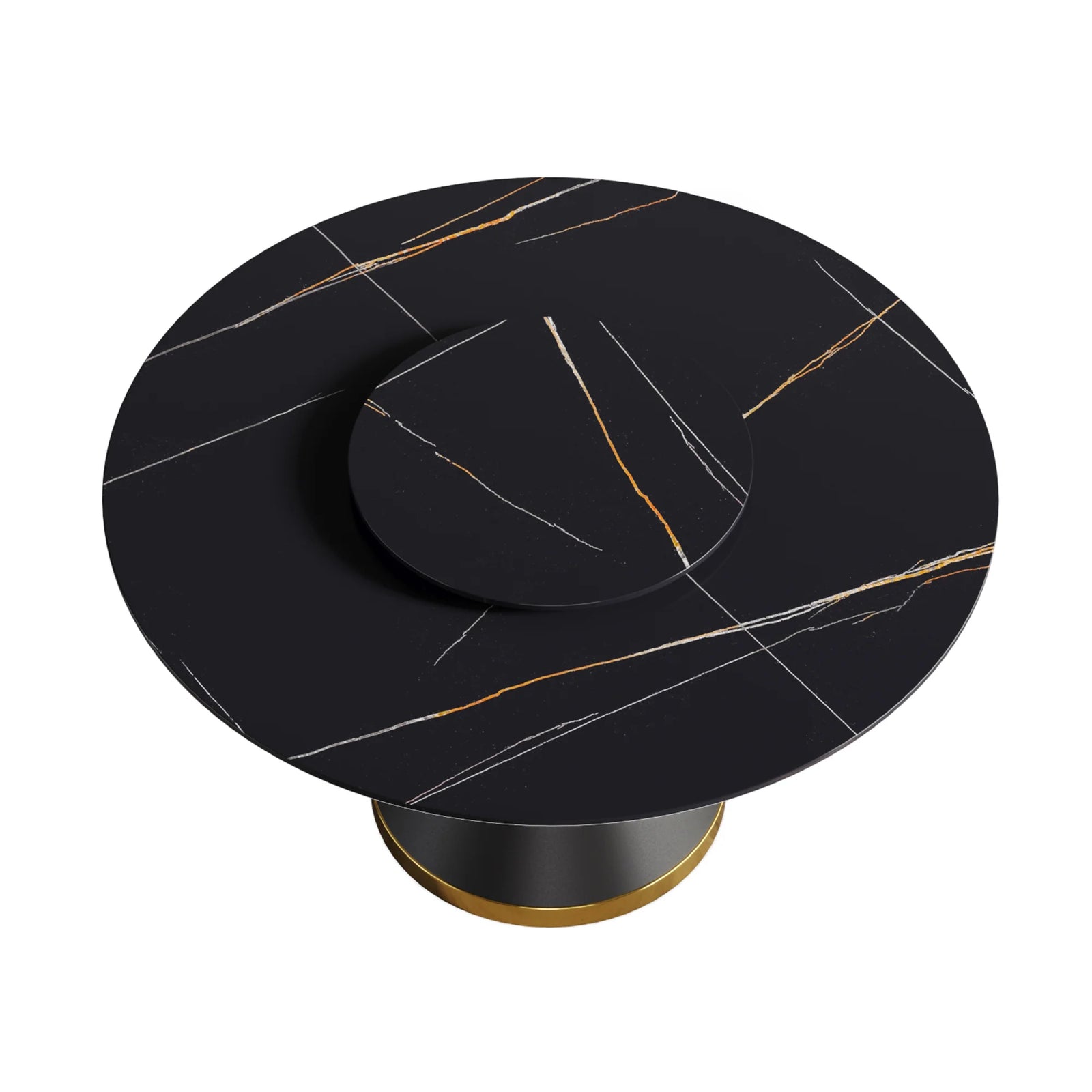 Mesa de comedor Marbella de piedra sinterizada | Redonda de 135 cm (53") en negro mate con base de metal y bandeja giratoria