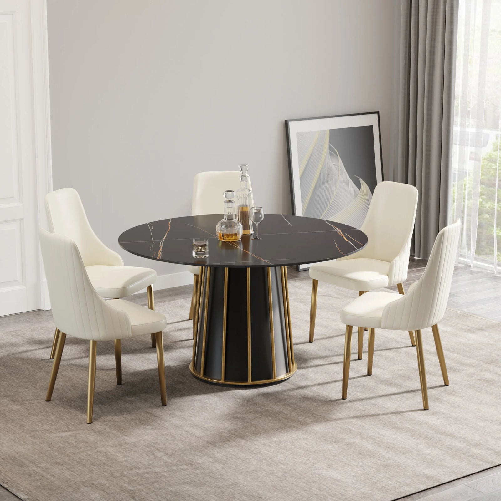 Marbella Sintered Stone Dining Table | 53" Matte Black Round With Metal Base