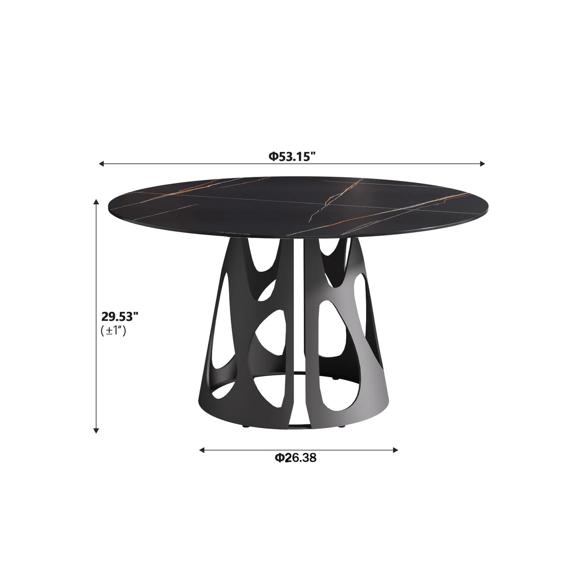 Mesa de comedor Marbella de piedra sinterizada | Redonda de 135 cm (53") en negro mate con base metálica