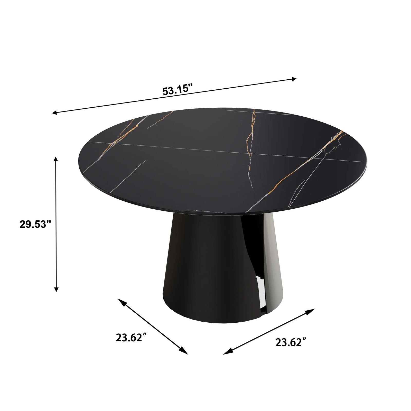 Mesa de comedor Marbella de piedra sinterizada | Redonda de 135 cm (53") en negro mate con base metálica