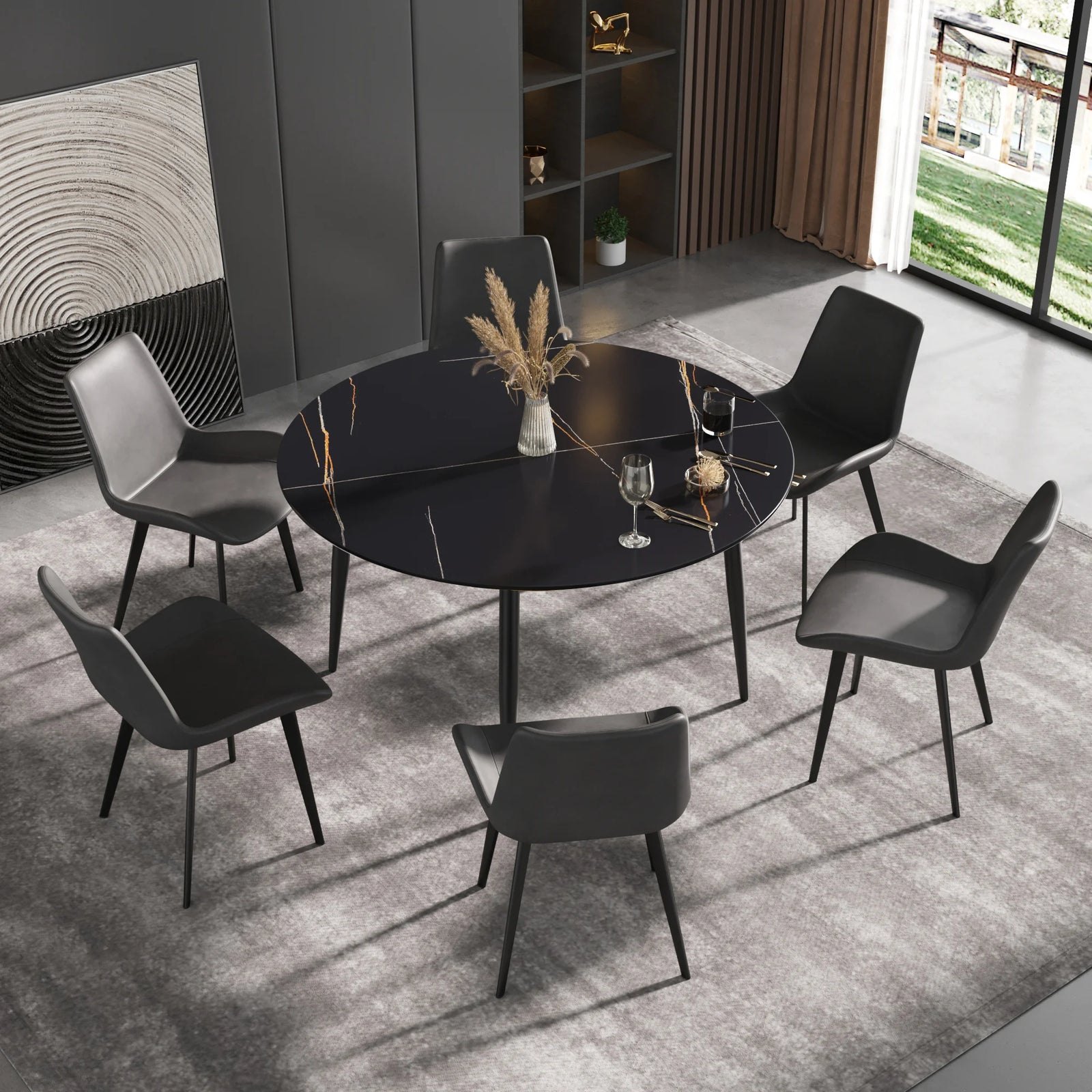 Mesa de comedor Marbella de piedra sinterizada | Redonda de 135 cm (53") en negro mate con base metálica