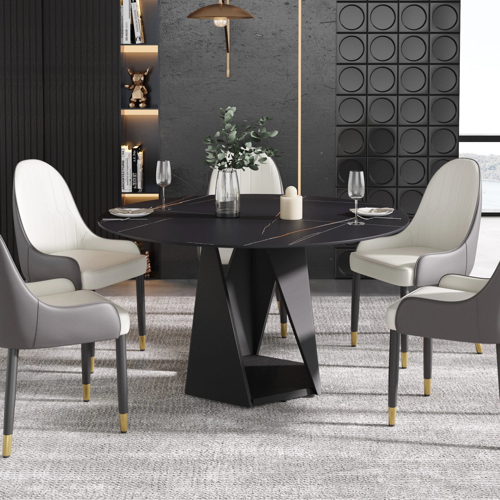 Mesa de comedor Marbella de piedra sinterizada | Redonda de 135 cm (53") en negro mate con base metálica