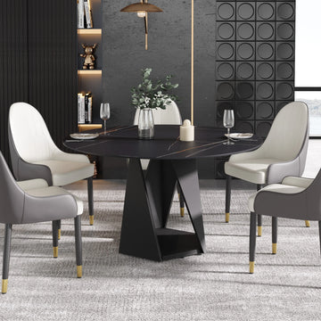 Mesa de comedor Marbella de piedra sinterizada | Redonda de 135 cm (53") en negro mate con base metálica