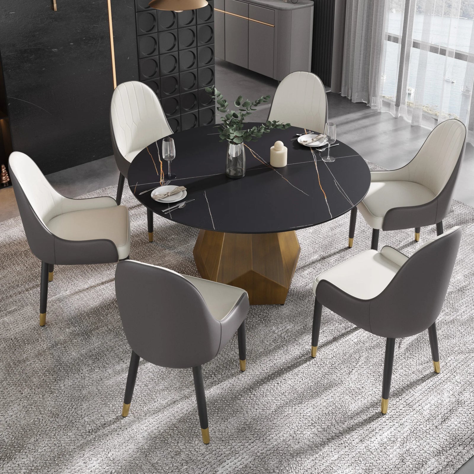 Mesa de comedor Marbella de piedra sinterizada | Redonda de 135 cm (53") en negro mate con base metálica