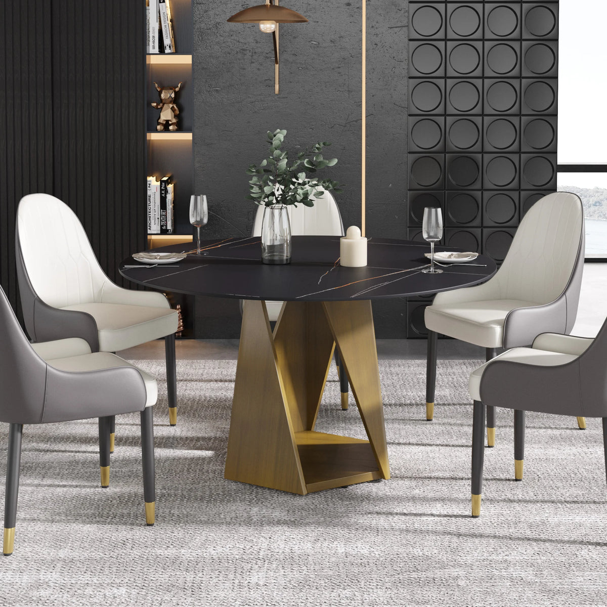 Mesa de comedor Marbella de piedra sinterizada | Redonda de 135 cm (53") en negro mate con base metálica