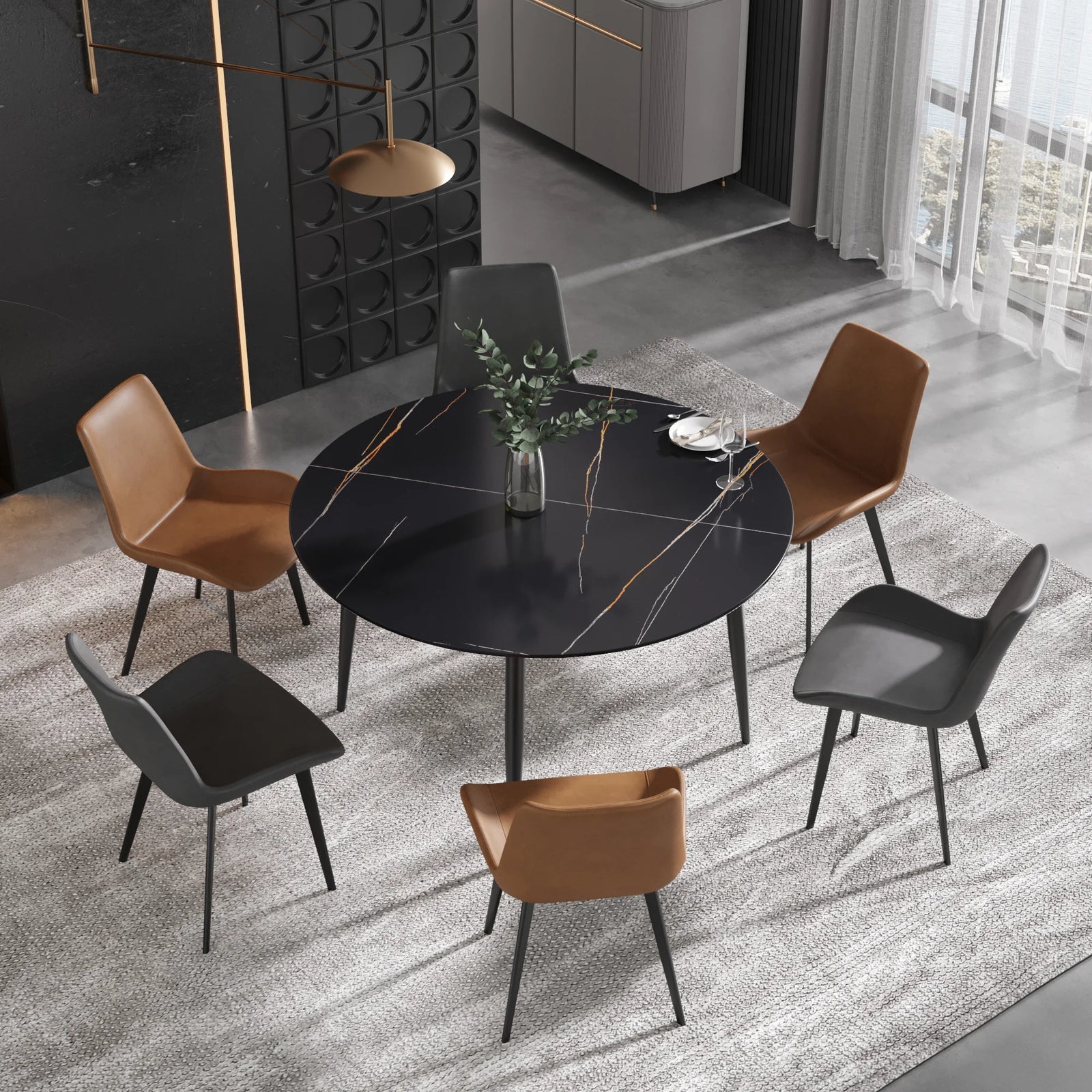 Mesa de comedor Marbella de piedra sinterizada | Redonda de 135 cm (53") en negro mate con base metálica
