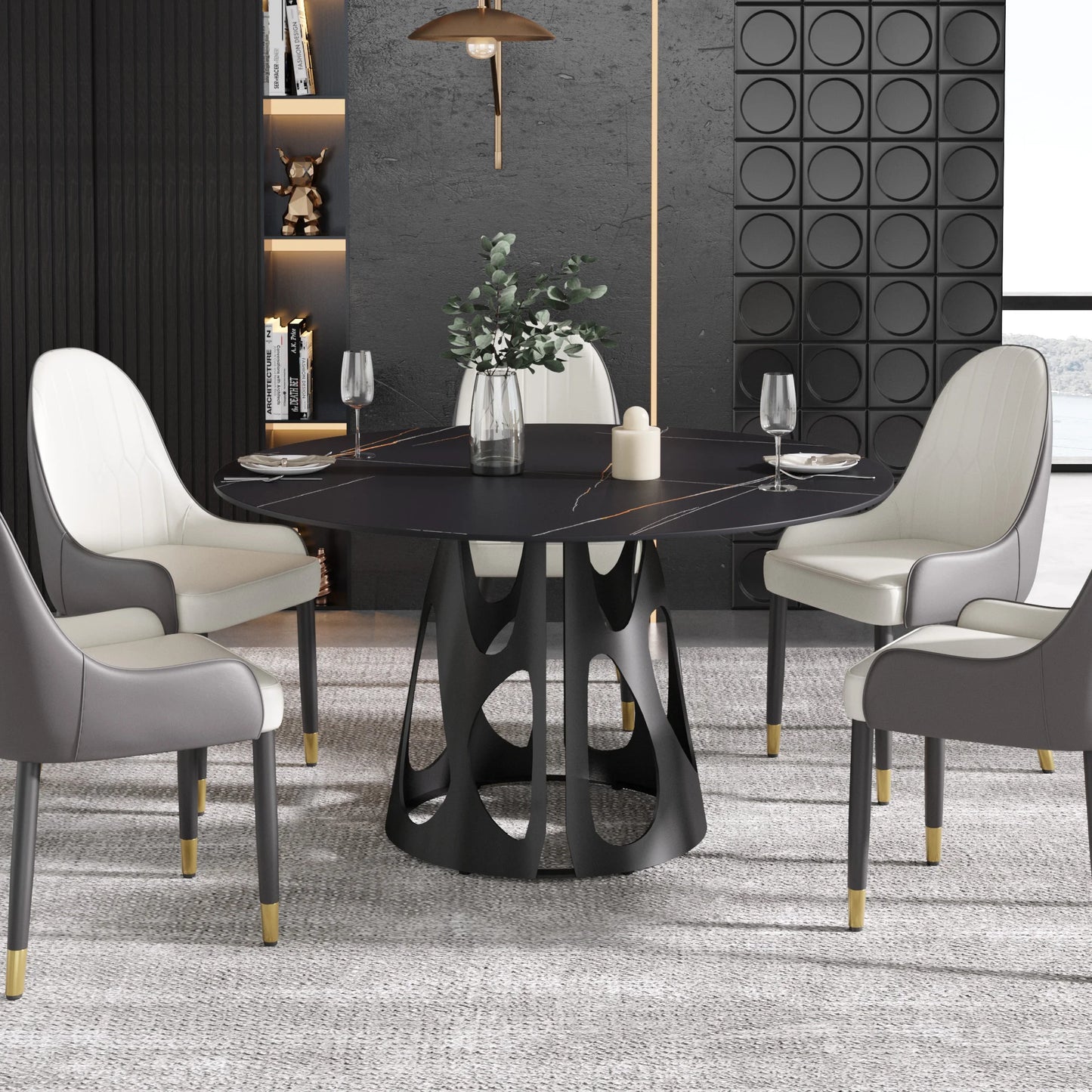 Marbella Sintered Stone Dining Table | 53" Matte Black Round With Metal Base