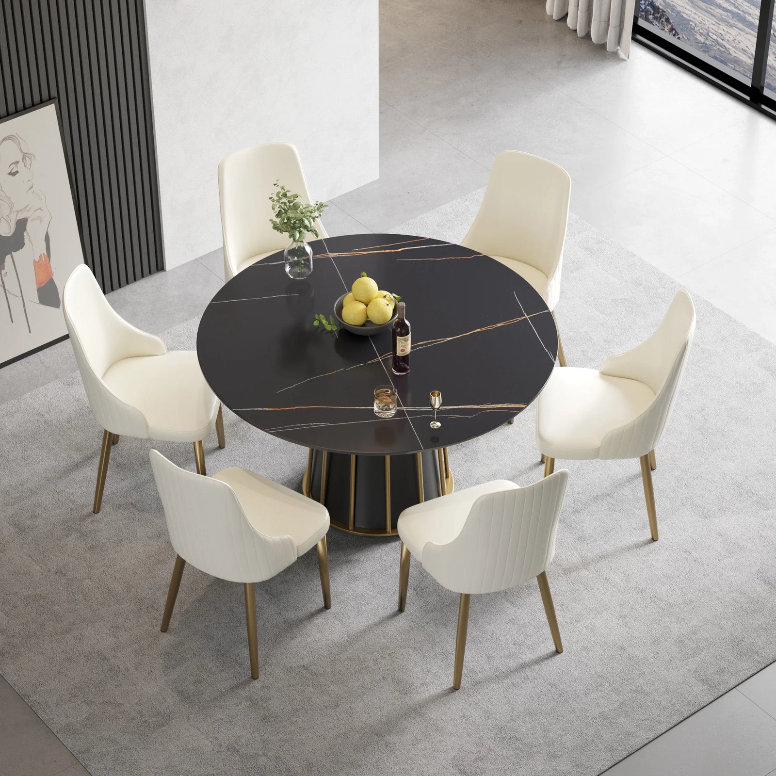 Marbella Sintered Stone Dining Table | 53" Matte Black Round With Metal Base