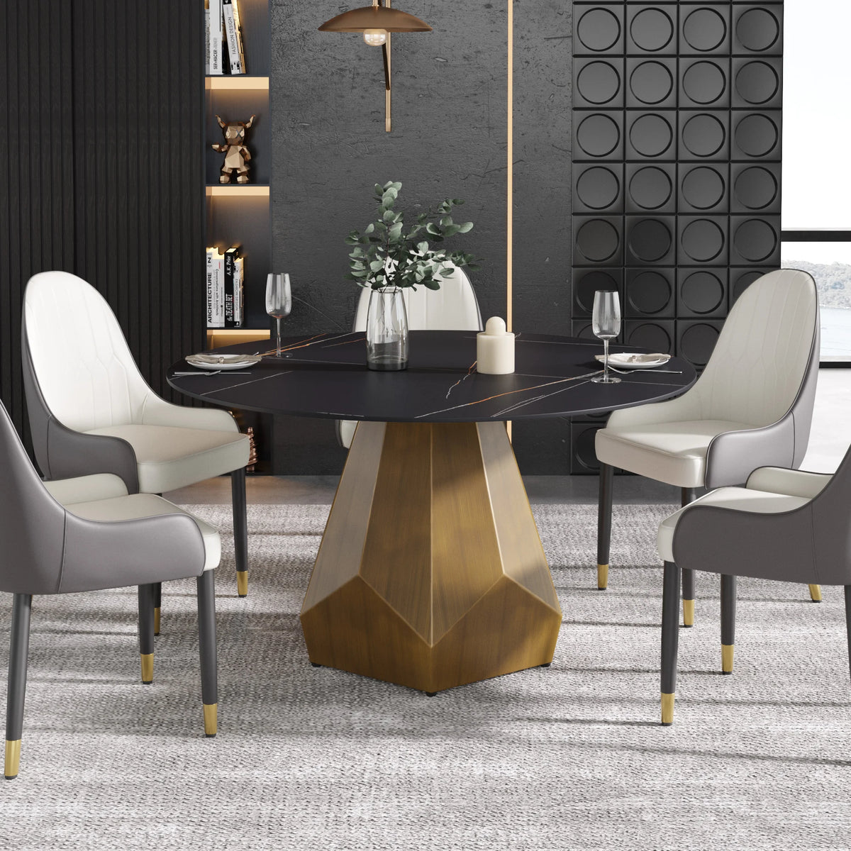 Mesa de comedor Marbella de piedra sinterizada | Redonda de 135 cm (53") en negro mate con base metálica