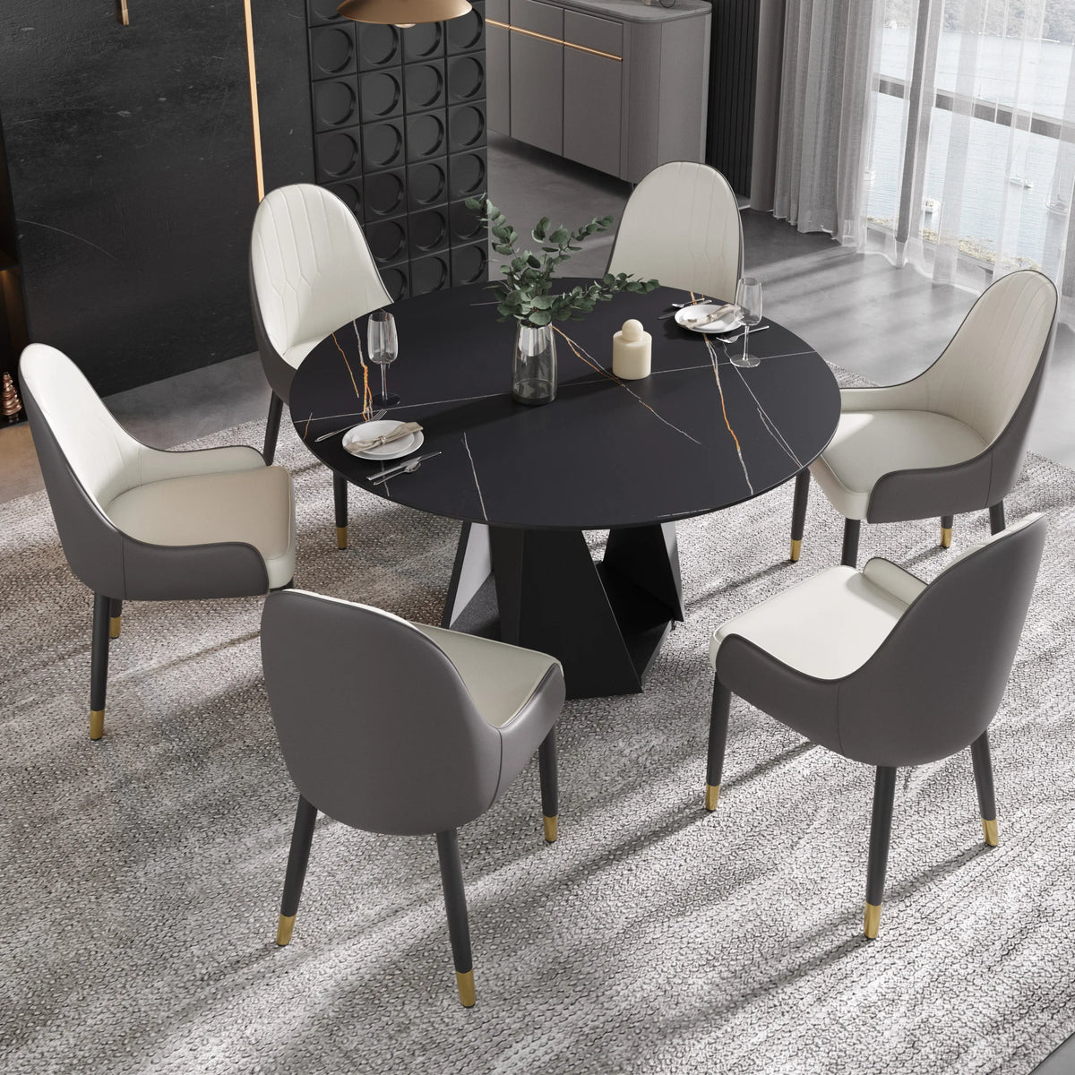 Mesa de comedor Marbella de piedra sinterizada | Redonda de 135 cm (53") en negro mate con base metálica
