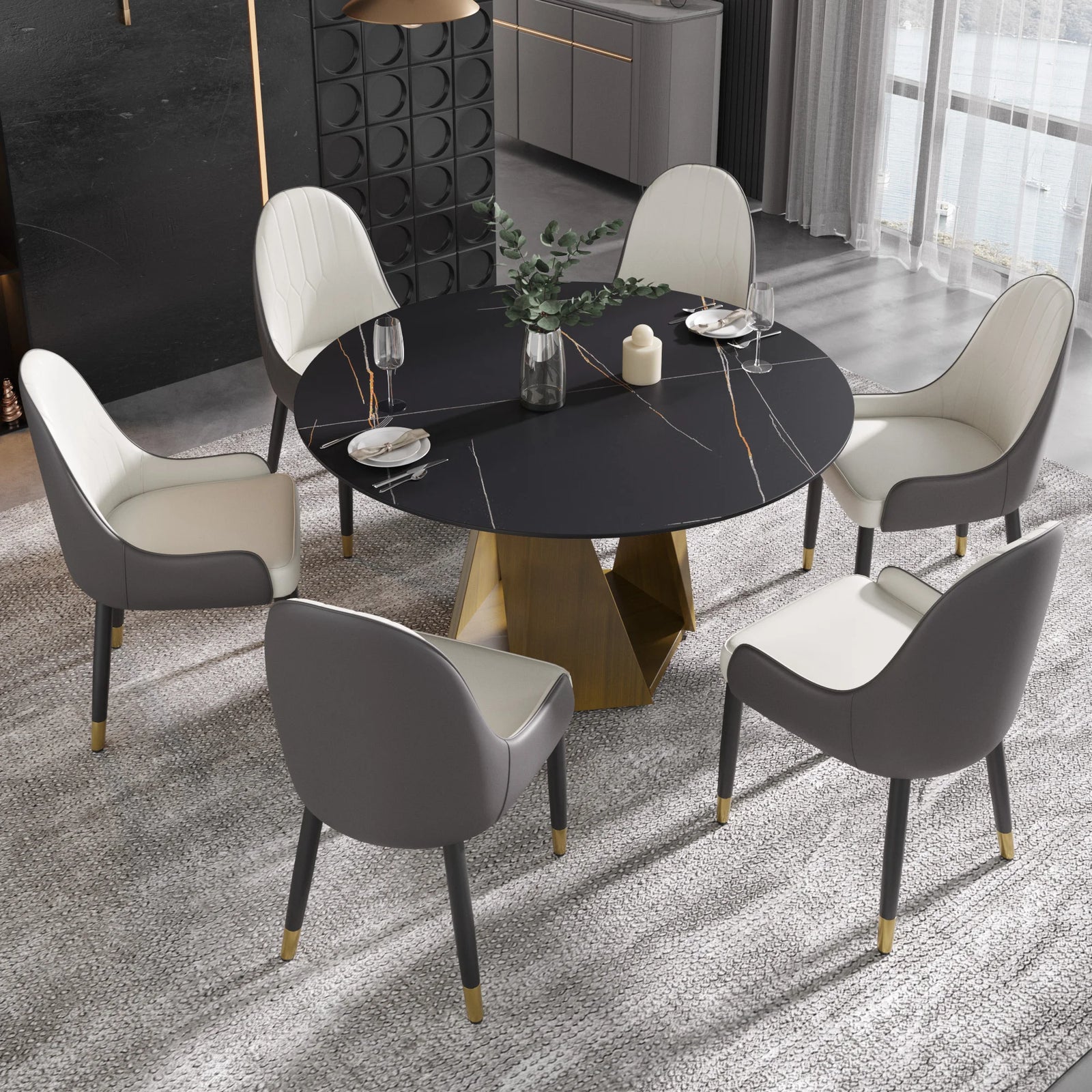 Mesa de comedor Marbella de piedra sinterizada | Redonda de 135 cm (53") en negro mate con base metálica