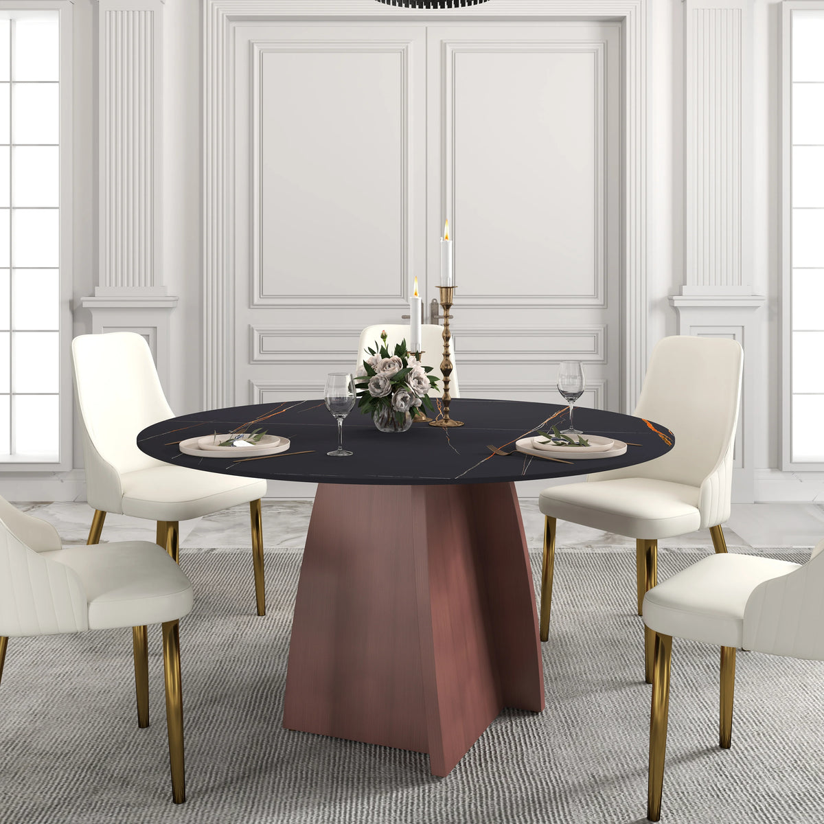 Mesa de comedor Marbella de piedra sinterizada | Redonda de 135 cm (53") en negro mate con base metálica