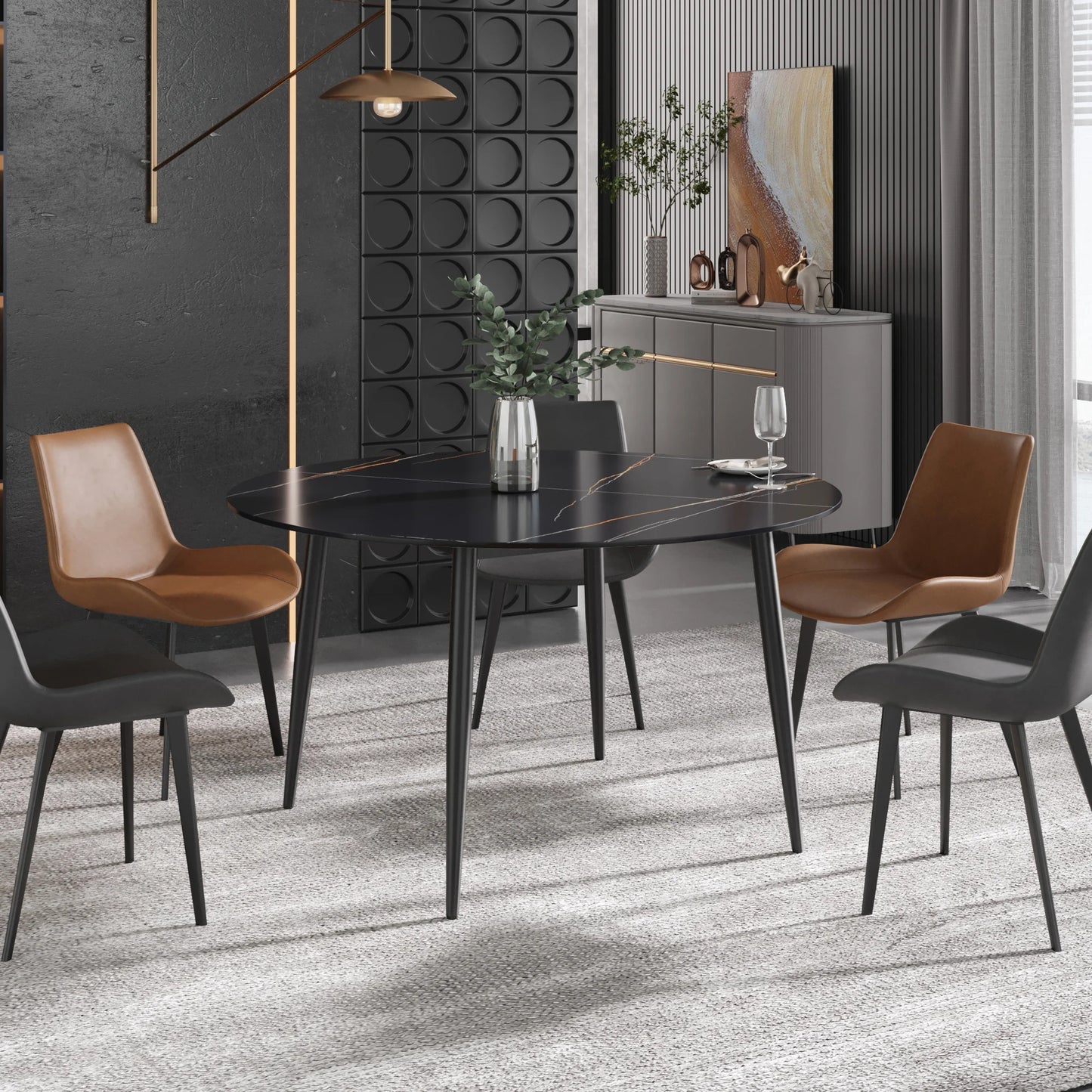 Marbella Sintered Stone Dining Table | 53" Matte Black Round With Metal Base