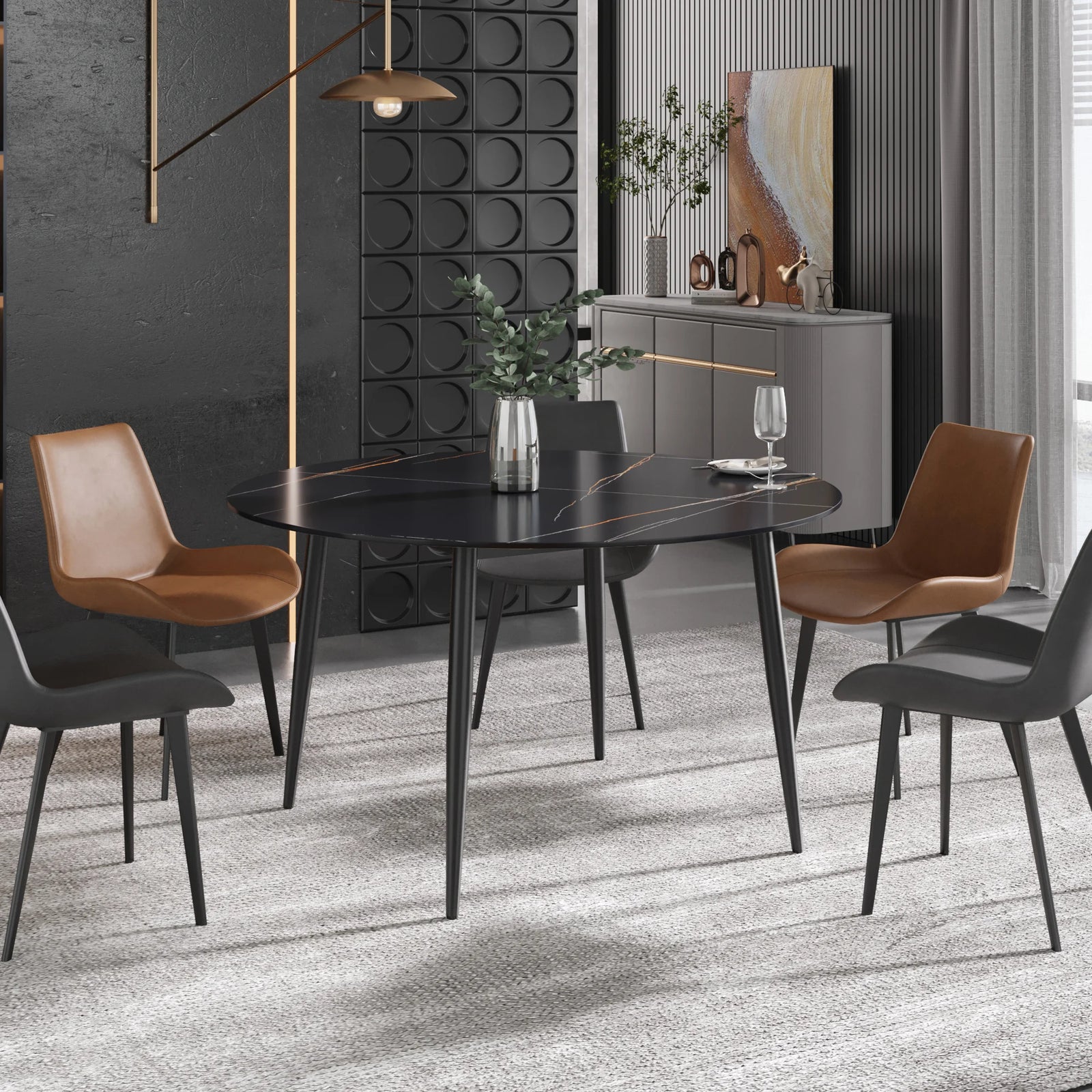 Mesa de comedor Marbella de piedra sinterizada | Redonda de 135 cm (53") en negro mate con base metálica