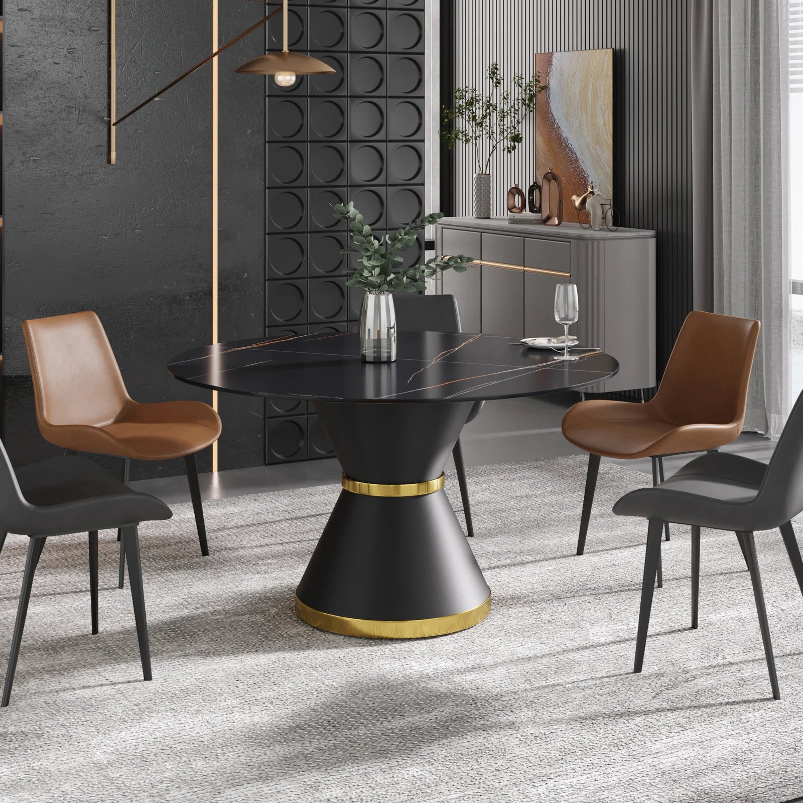 Marbella Sintered Stone Dining Table | 53" Matte Black Round With Metal Base