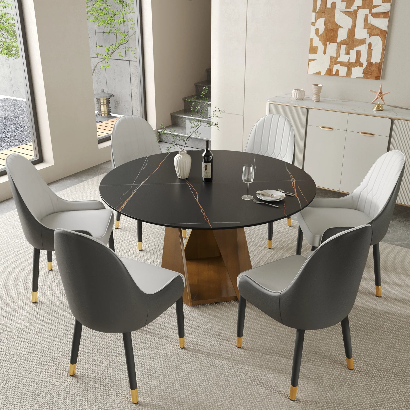 Mesa de comedor Marbella de piedra sinterizada | Redonda de 135 cm (53") en negro mate con base metálica