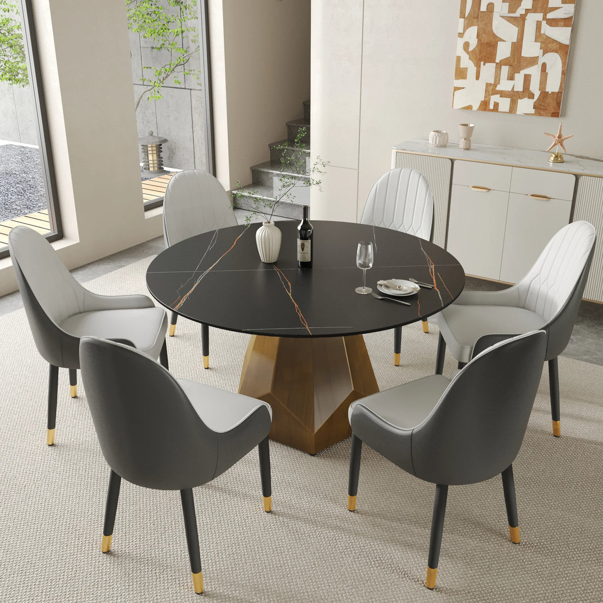 Mesa de comedor Marbella de piedra sinterizada | Redonda de 135 cm (53") en negro mate con base metálica