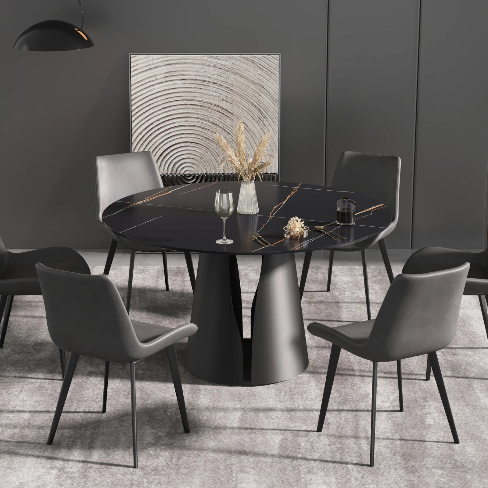 Mesa de comedor Marbella de piedra sinterizada | Redonda de 135 cm (53") en negro mate con base metálica