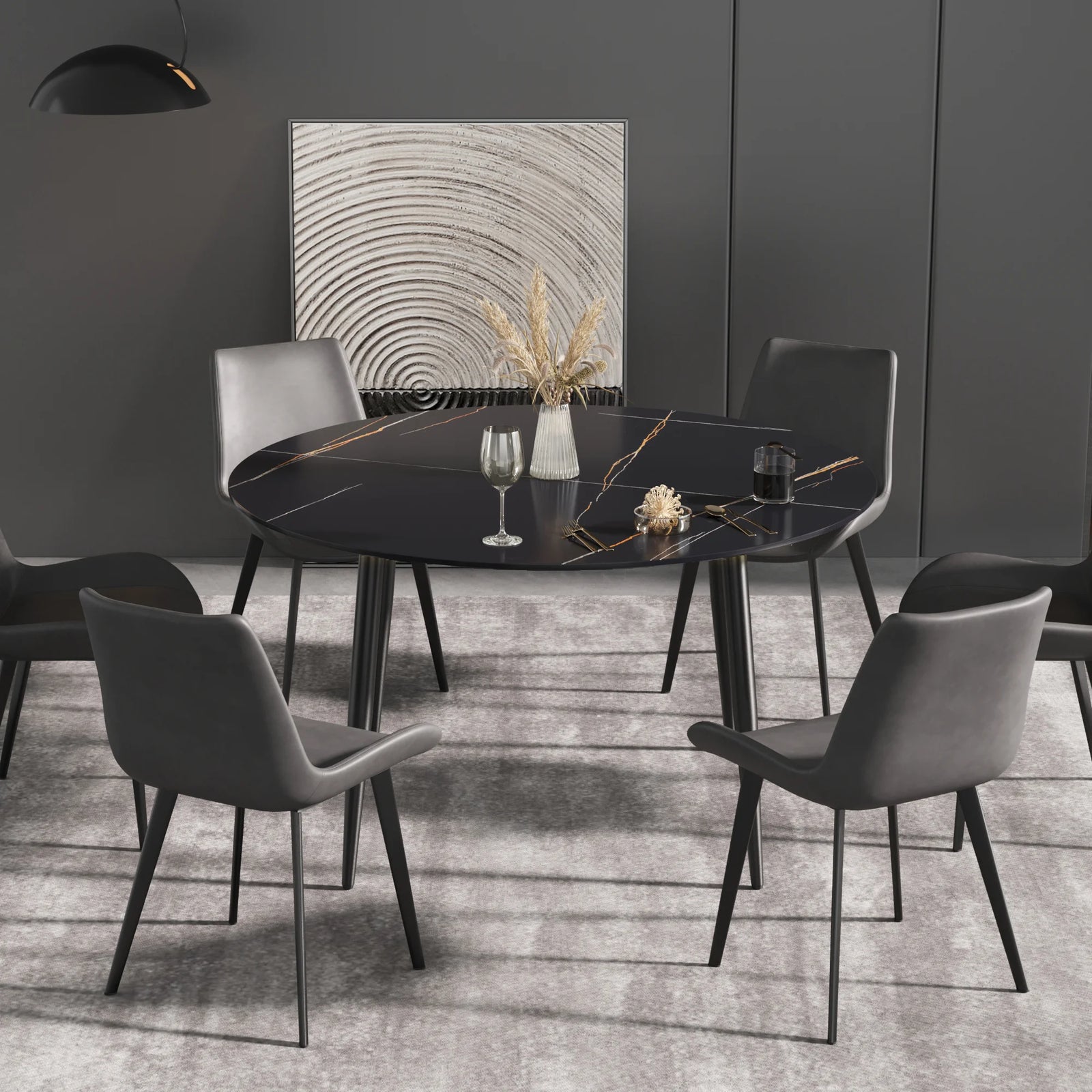 Mesa de comedor Marbella de piedra sinterizada | Redonda de 135 cm (53") en negro mate con base metálica