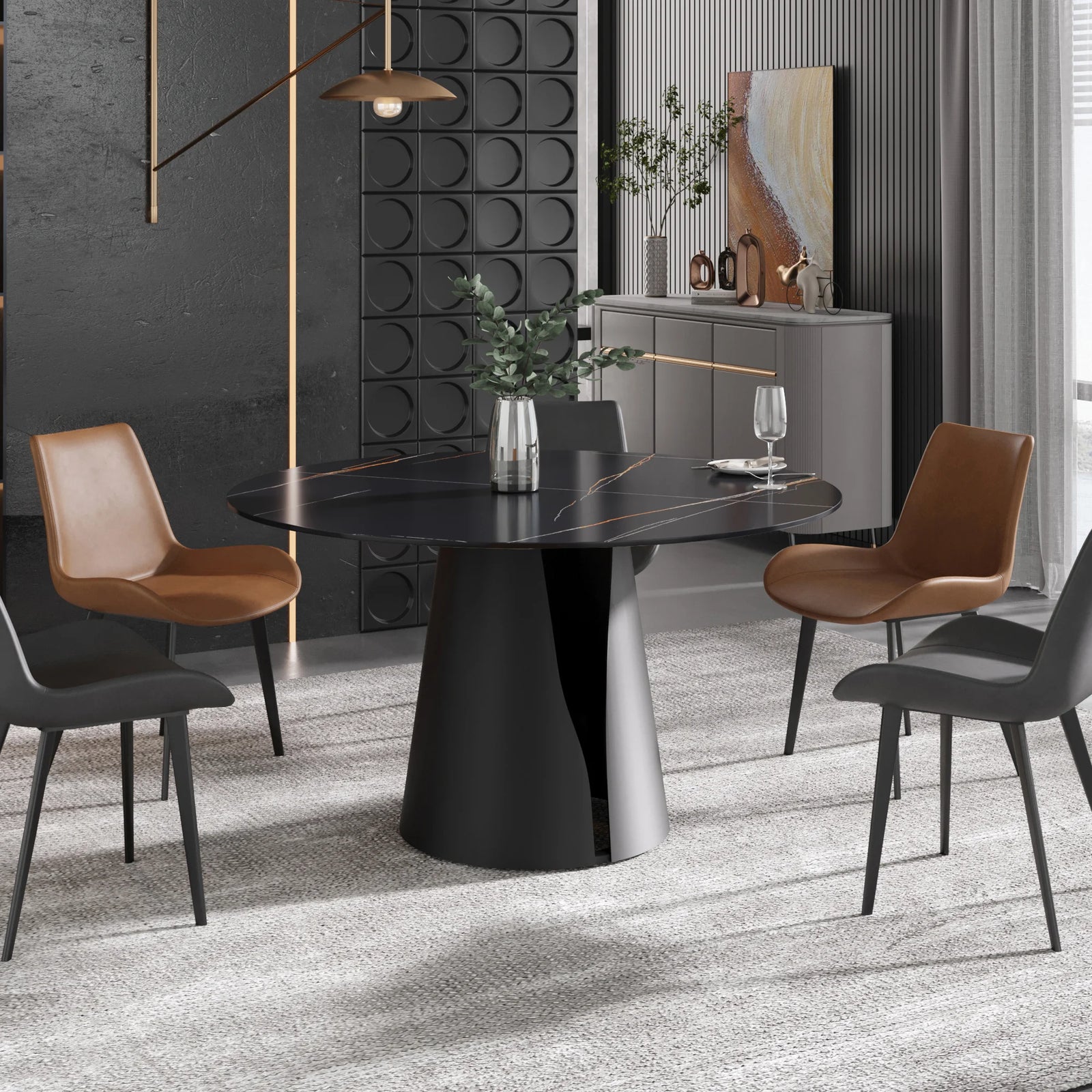 Mesa de comedor Marbella de piedra sinterizada | Redonda de 135 cm (53") en negro mate con base metálica
