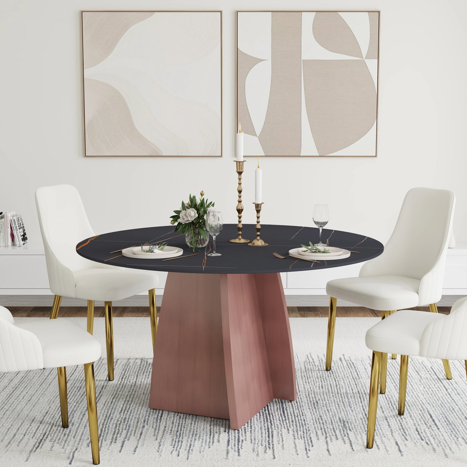 Mesa de comedor Marbella de piedra sinterizada | Redonda de 135 cm (53") en negro mate con base metálica