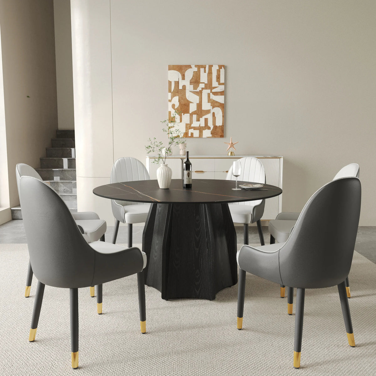 Marbella Sintered Stone Dining Table | 53" Matte Black Round With Metal Base
