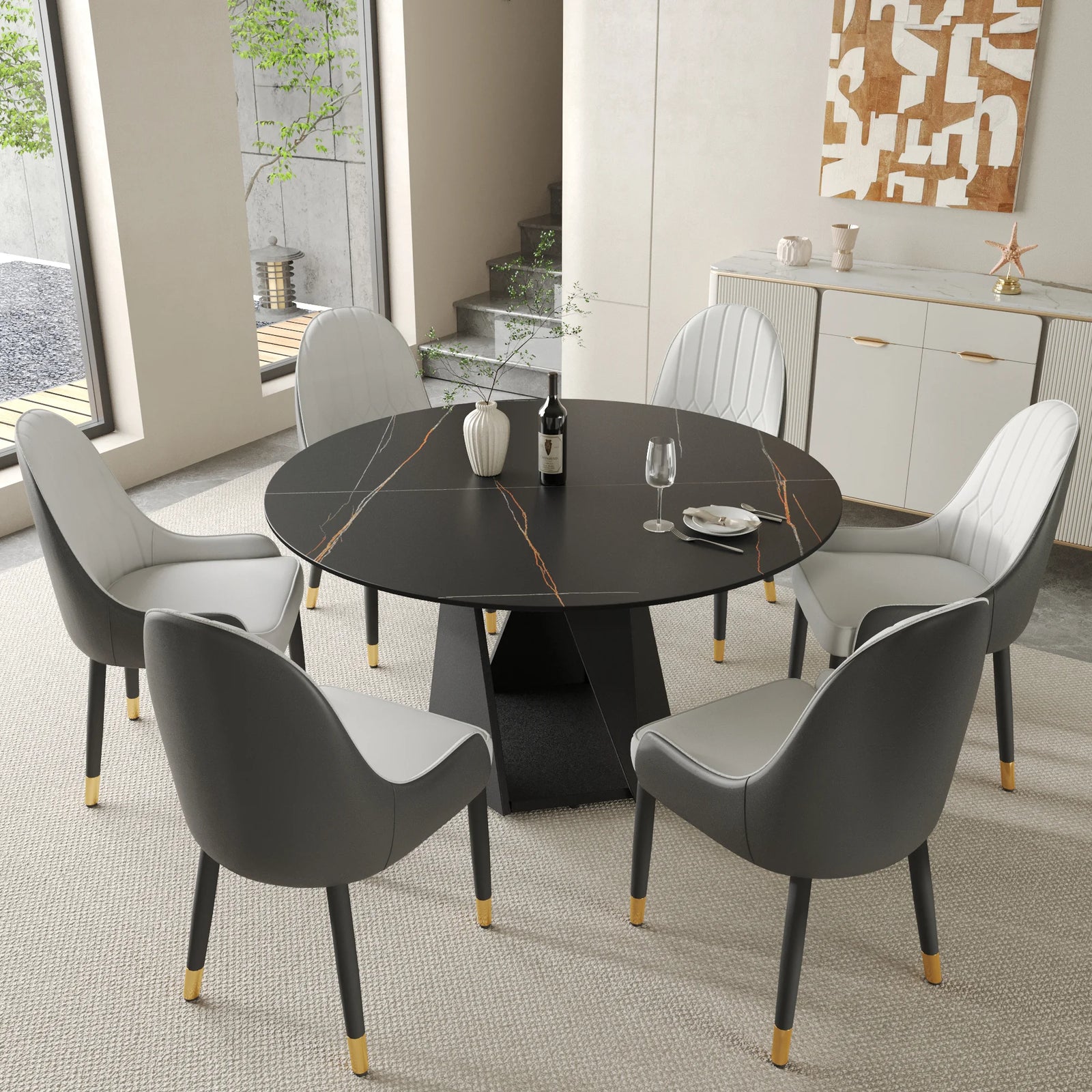 Mesa de comedor Marbella de piedra sinterizada | Redonda de 135 cm (53") en negro mate con base metálica