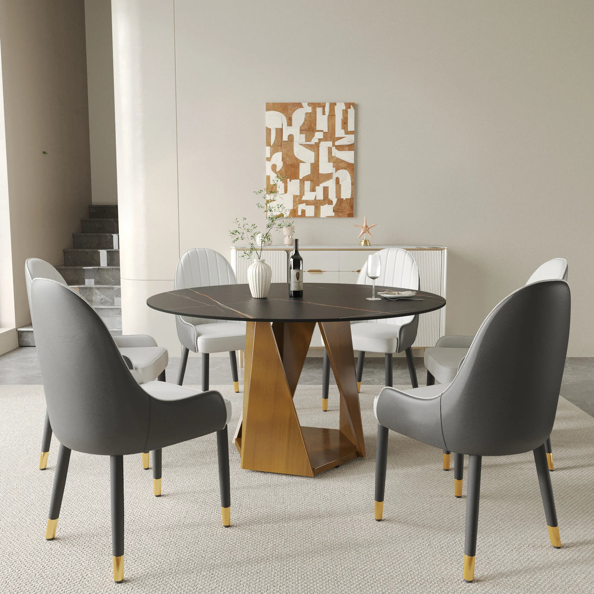 Mesa de comedor Marbella de piedra sinterizada | Redonda de 135 cm (53") en negro mate con base metálica