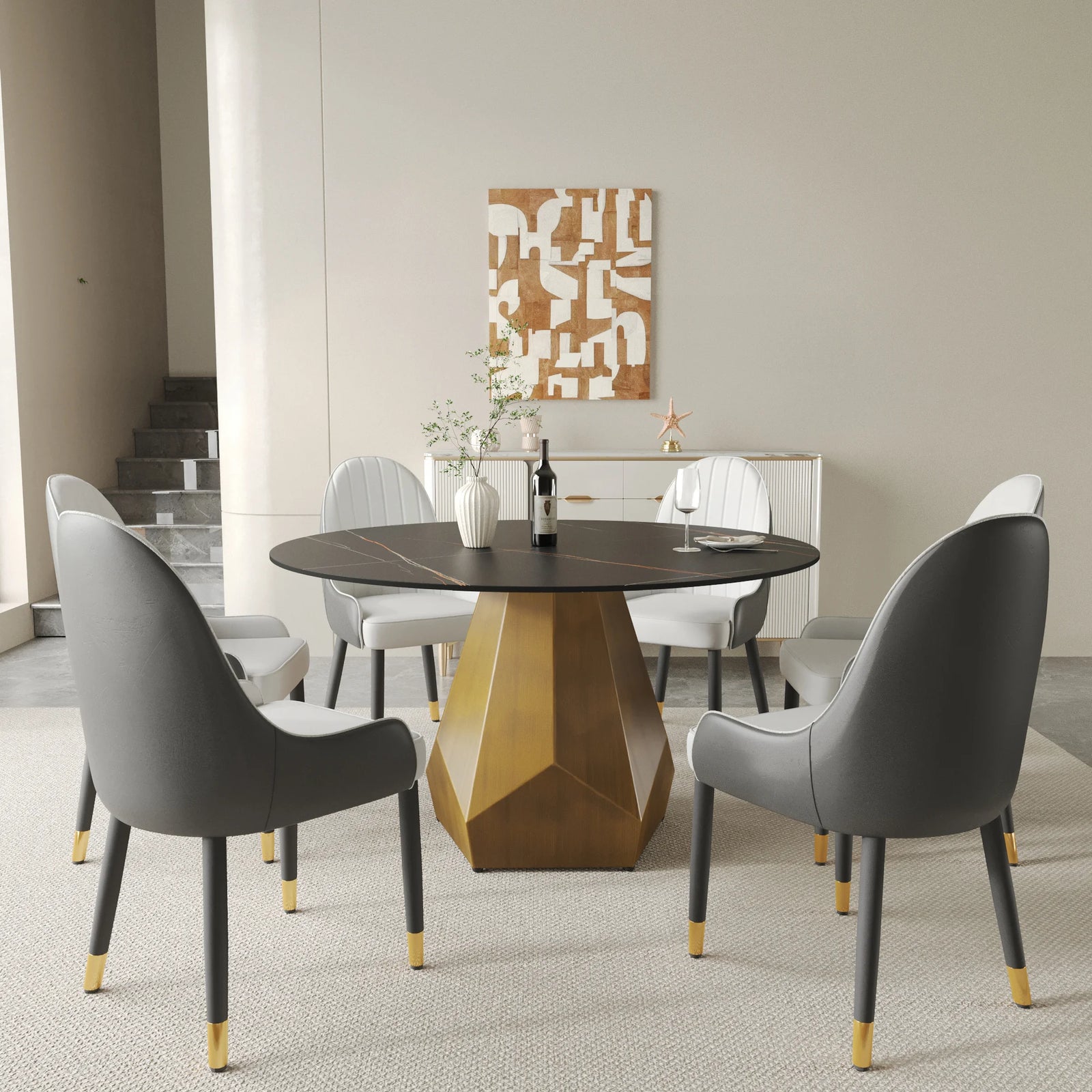 Mesa de comedor Marbella de piedra sinterizada | Redonda de 135 cm (53") en negro mate con base metálica
