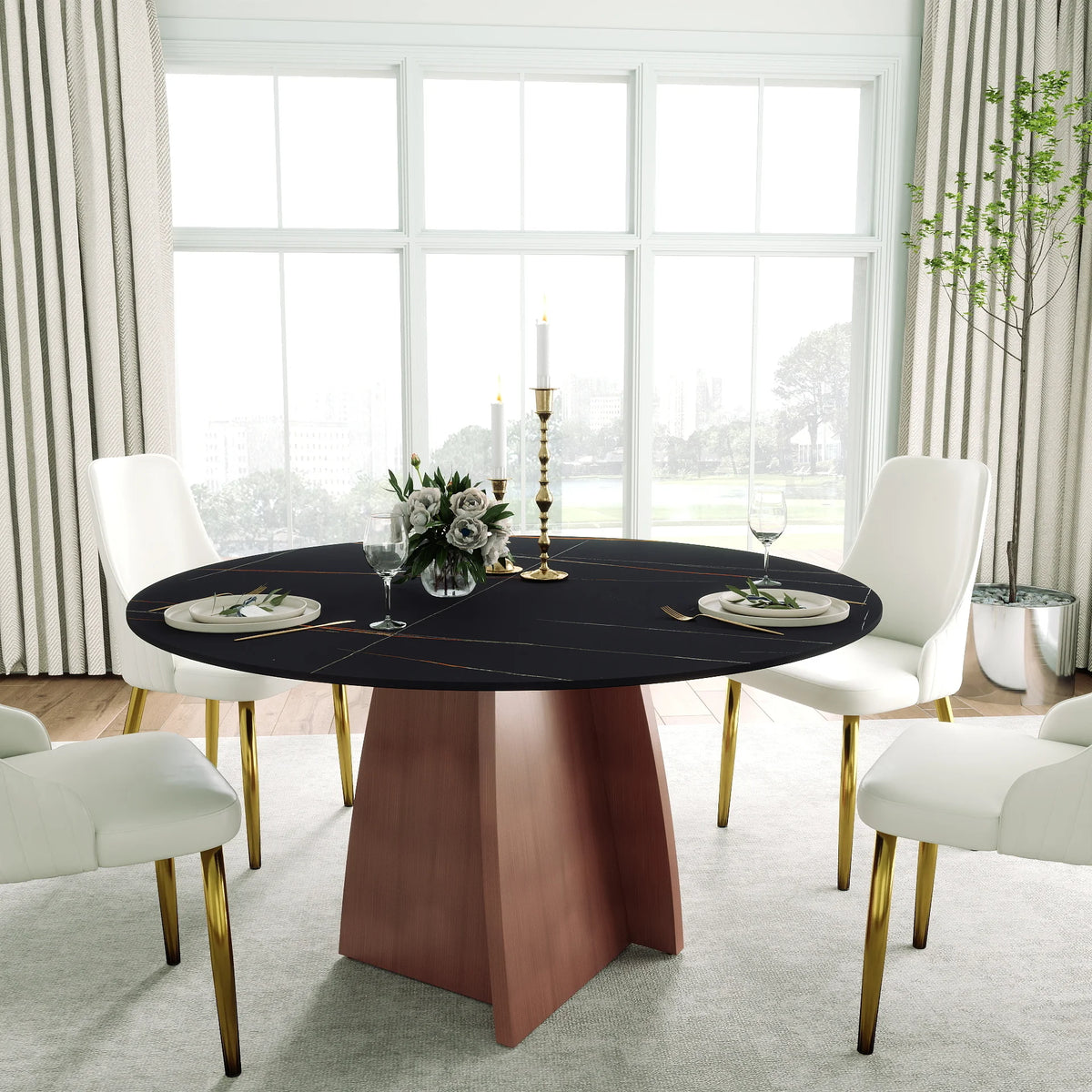 Mesa de comedor Marbella de piedra sinterizada | Redonda de 135 cm (53") en negro mate con base metálica