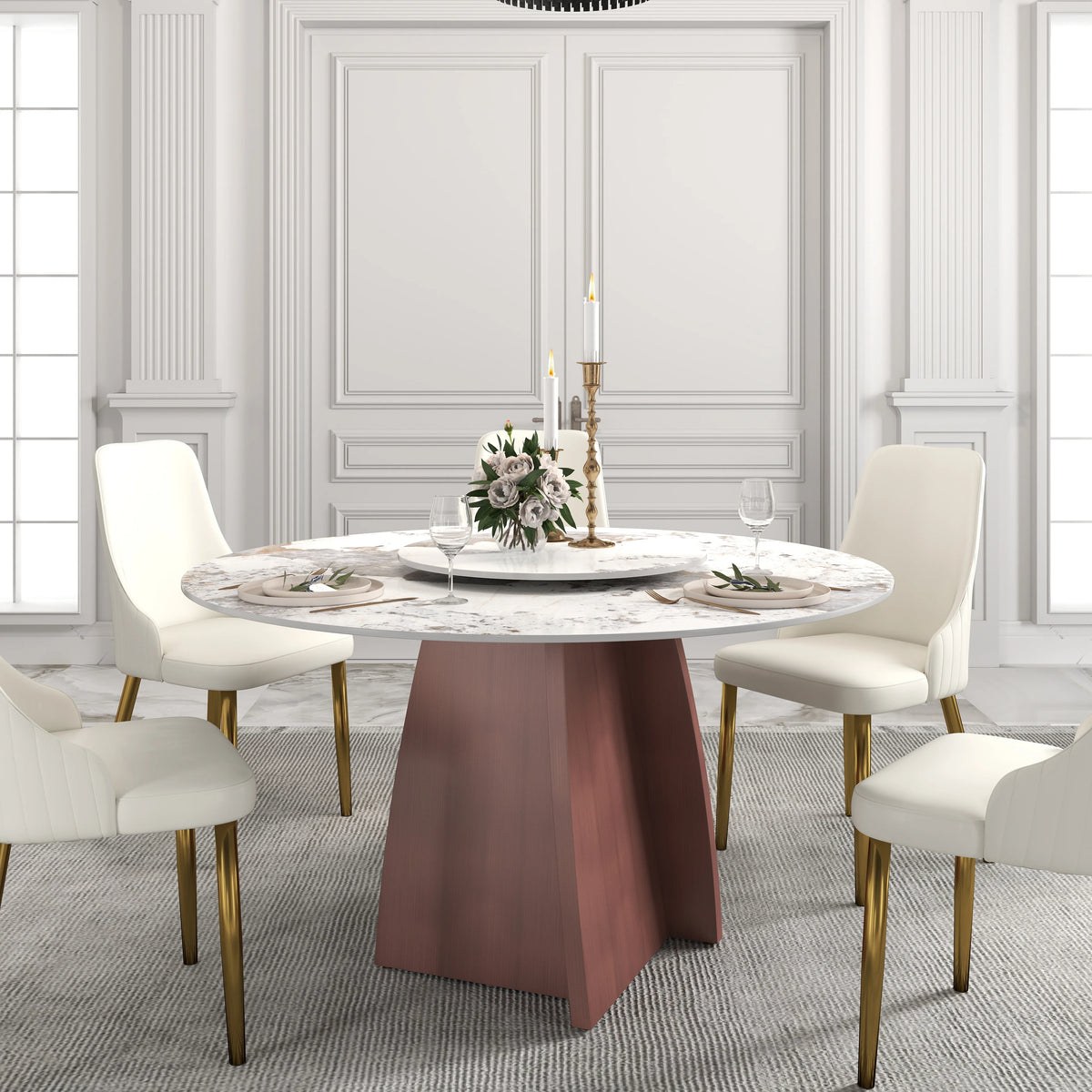 Mesa de comedor Marbella de piedra sinterizada | Redonda Pandora de 135 cm con plato giratorio Lazy Susan