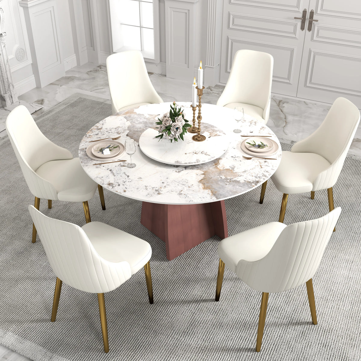 Marbella Sintered Stone Dining Table | 53" Pandora Round With Lazy Susan Turntable