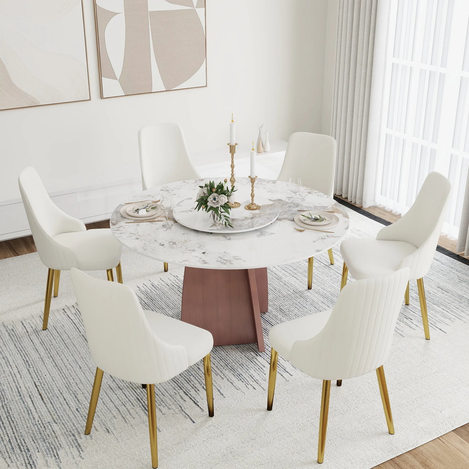Mesa de comedor Marbella de piedra sinterizada | Redonda Pandora de 135 cm con plato giratorio Lazy Susan
