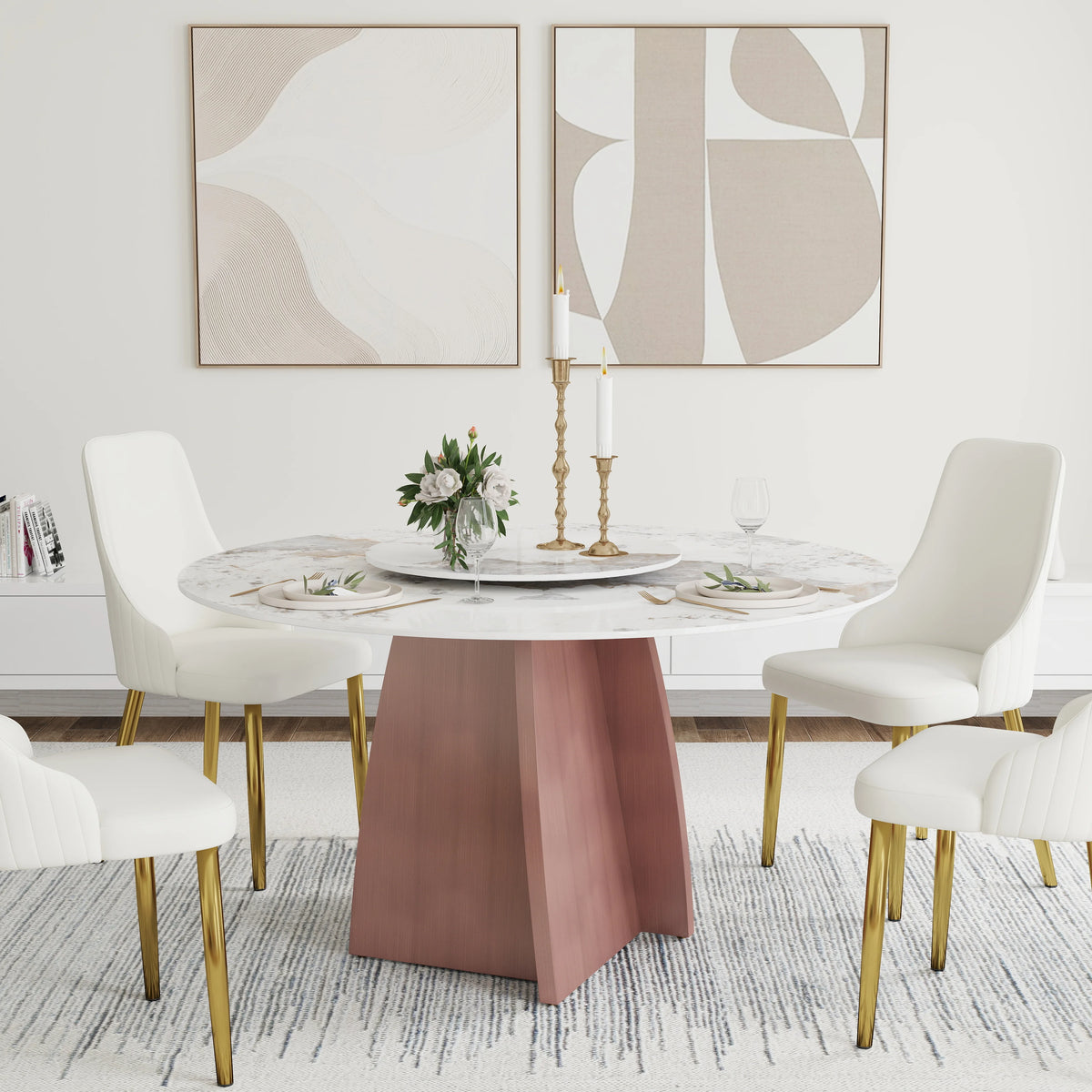 Marbella Sintered Stone Dining Table | 53" Pandora Round With Lazy Susan Turntable