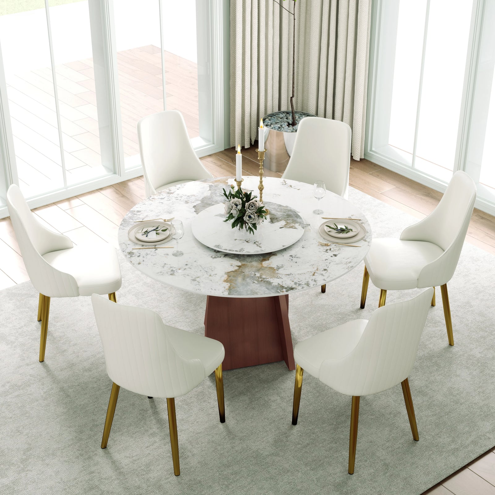 Mesa de comedor Marbella de piedra sinterizada | Redonda Pandora de 135 cm con plato giratorio Lazy Susan