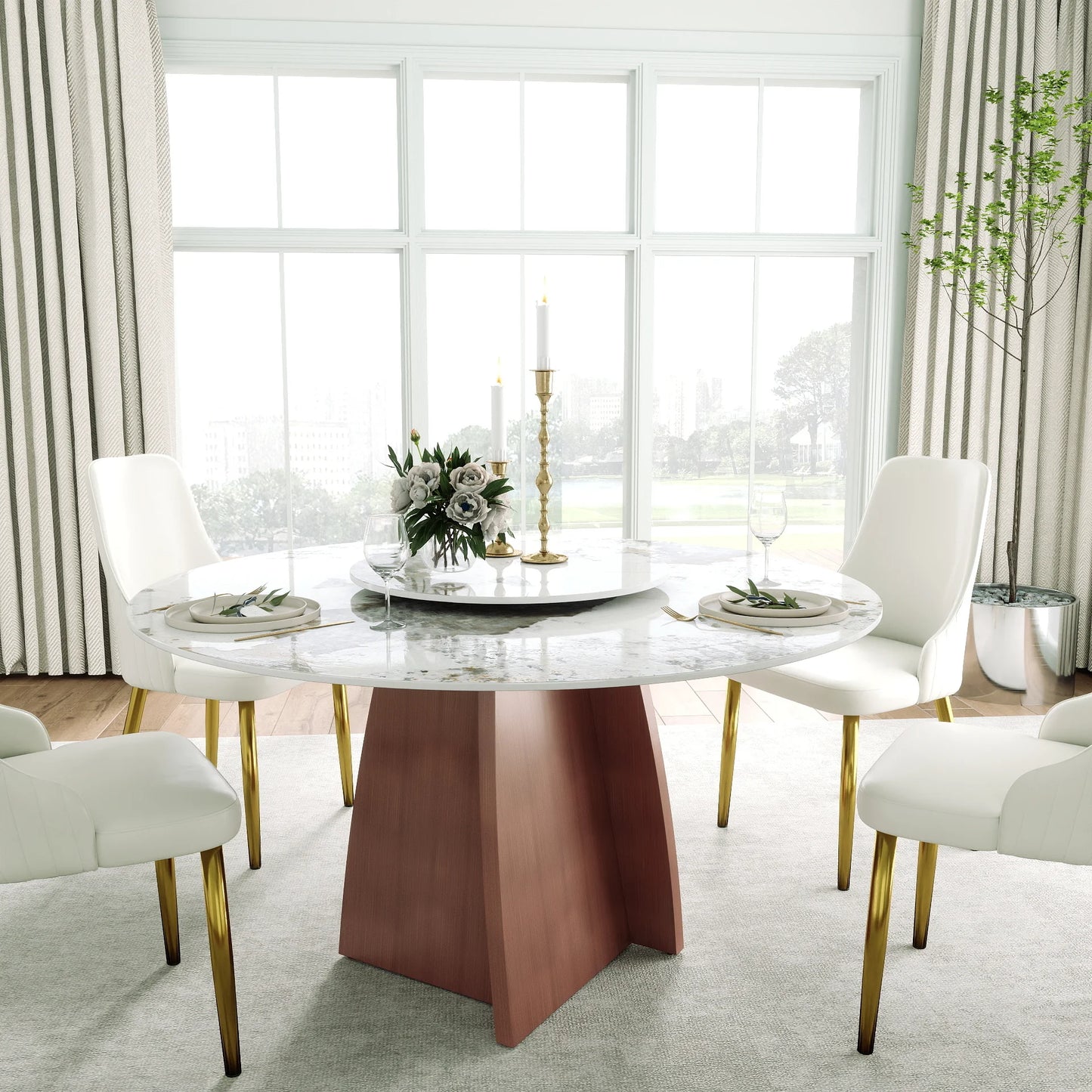 Marbella Sintered Stone Dining Table | 53" Pandora Round With Lazy Susan Turntable