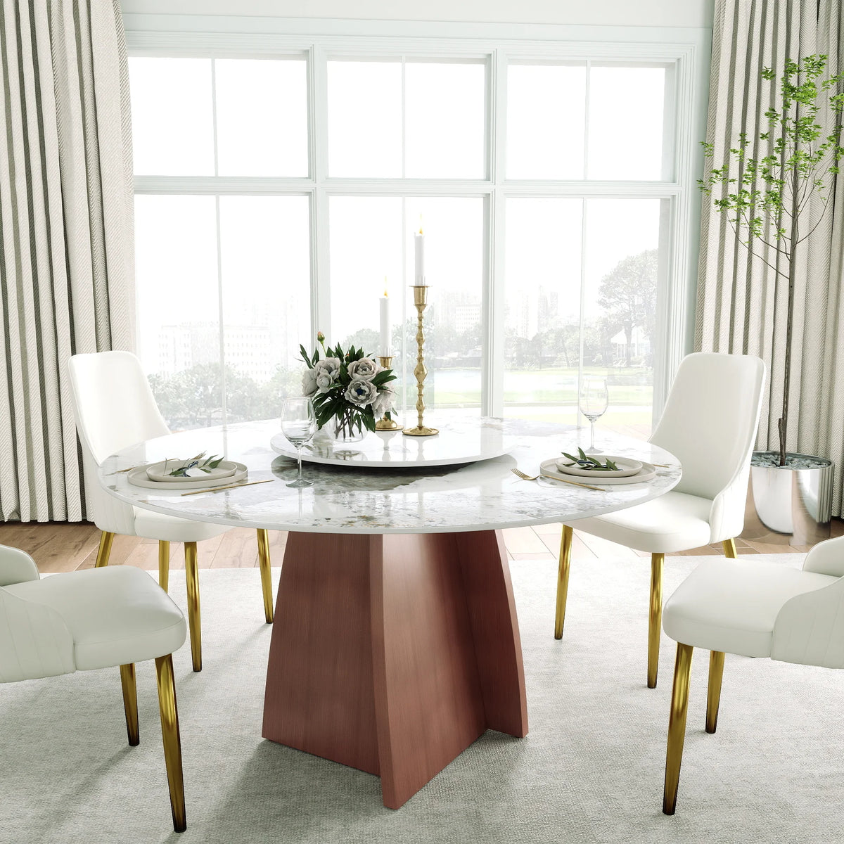 Mesa de comedor Marbella de piedra sinterizada | Redonda Pandora de 135 cm con plato giratorio Lazy Susan