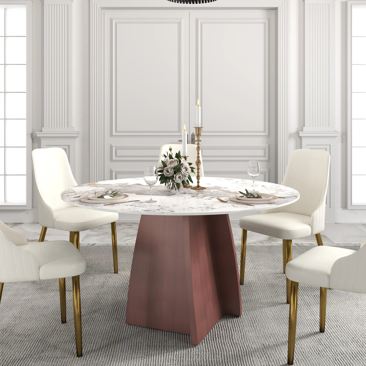 Mesa de comedor Marbella de piedra sinterizada | Redonda Pandora de 135 cm con base metálica
