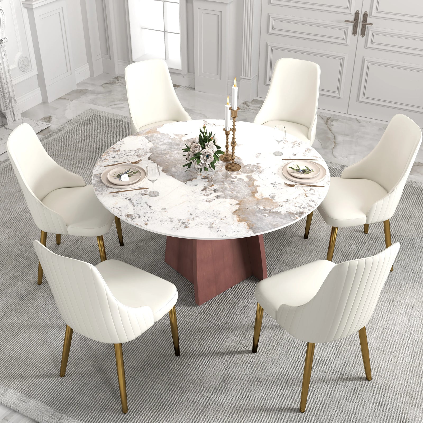 Mesa de comedor Marbella de piedra sinterizada | Redonda Pandora de 135 cm con base metálica