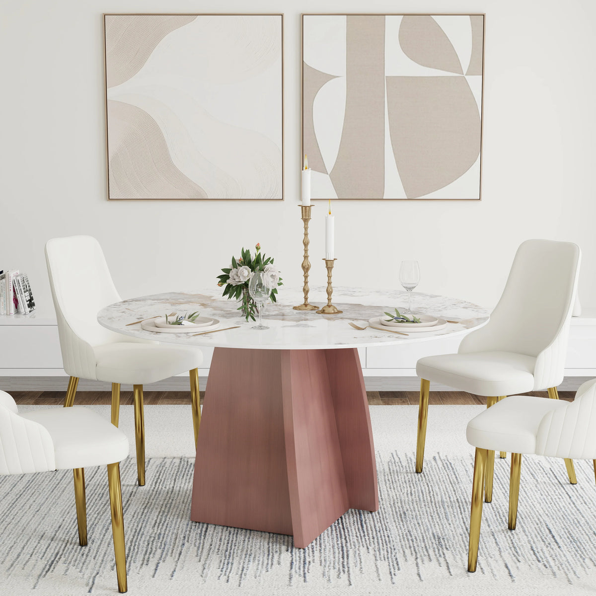 Mesa de comedor Marbella de piedra sinterizada | Redonda Pandora de 135 cm con base metálica